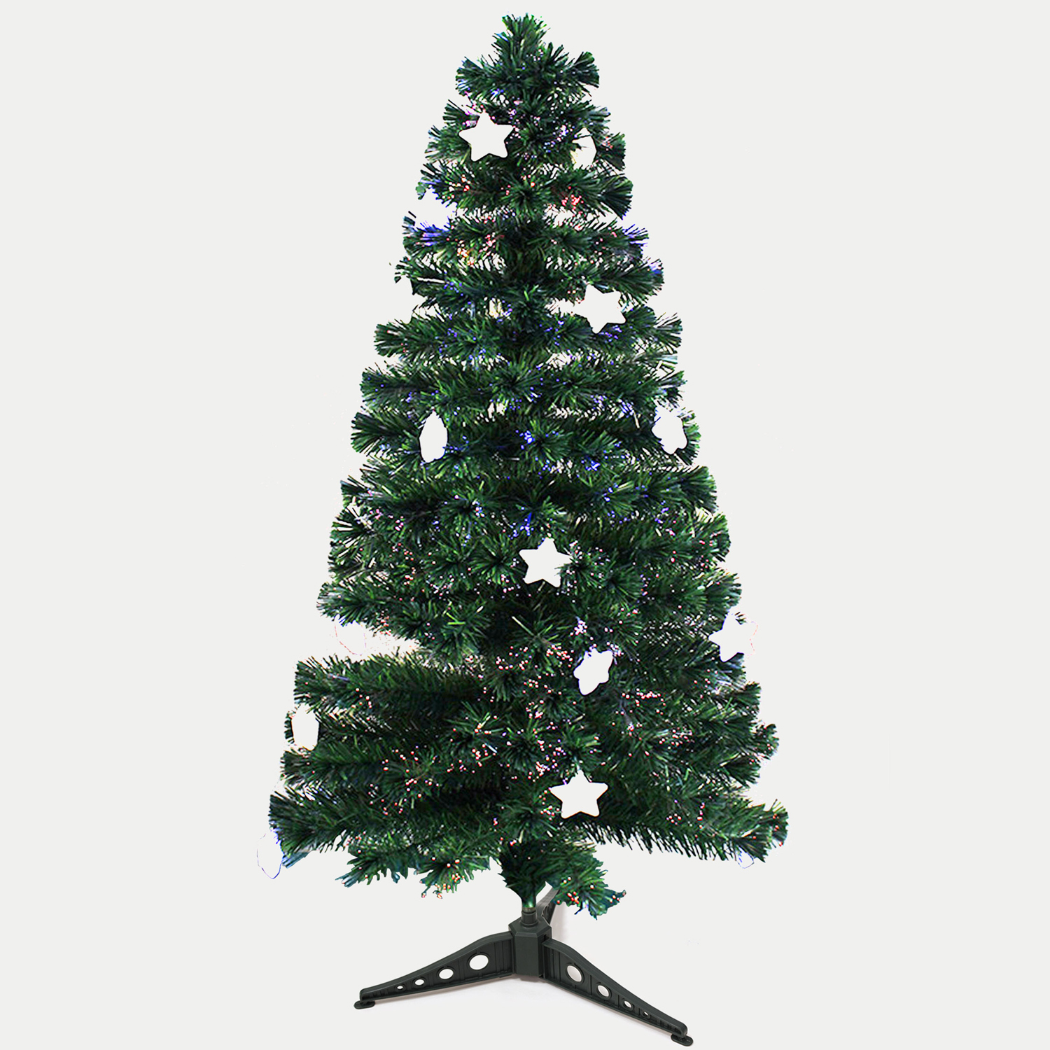 Albero di Natale verde con decorazioni a stella bianca su sfondo bianco.