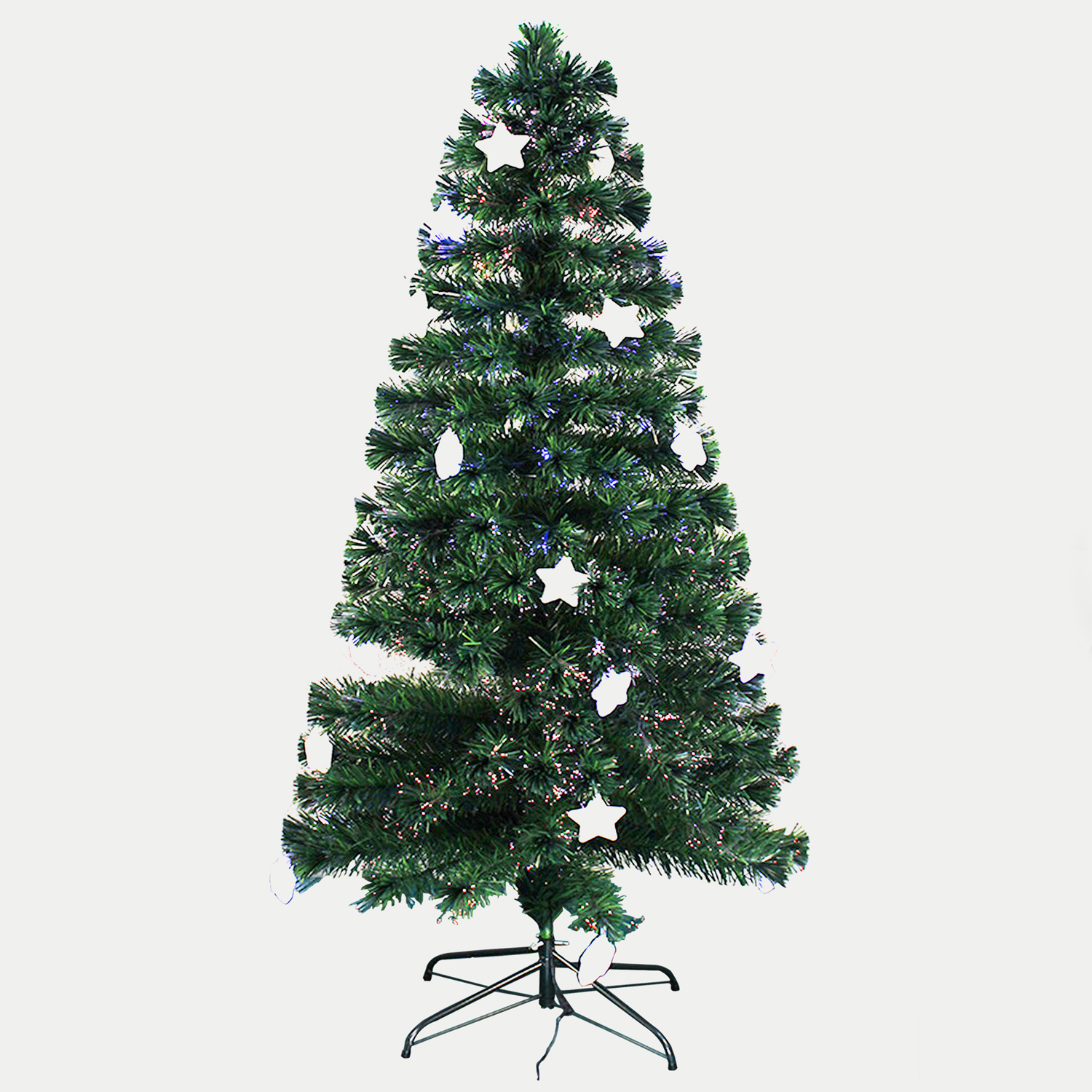 Albero di Natale verde con decorazioni a stella bianca su sfondo bianco.