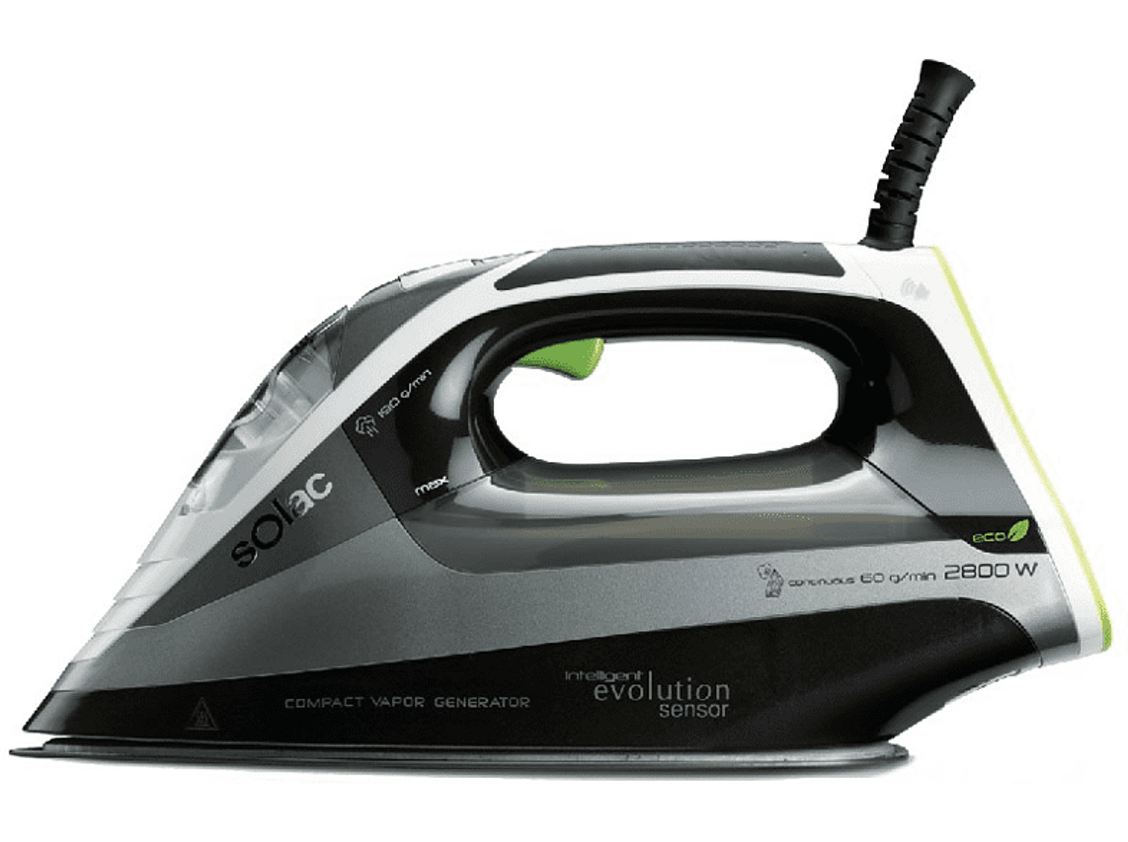Czarne i szare żelazko z zielonymi akcentami, kompaktowy generator pary i marka Solac.