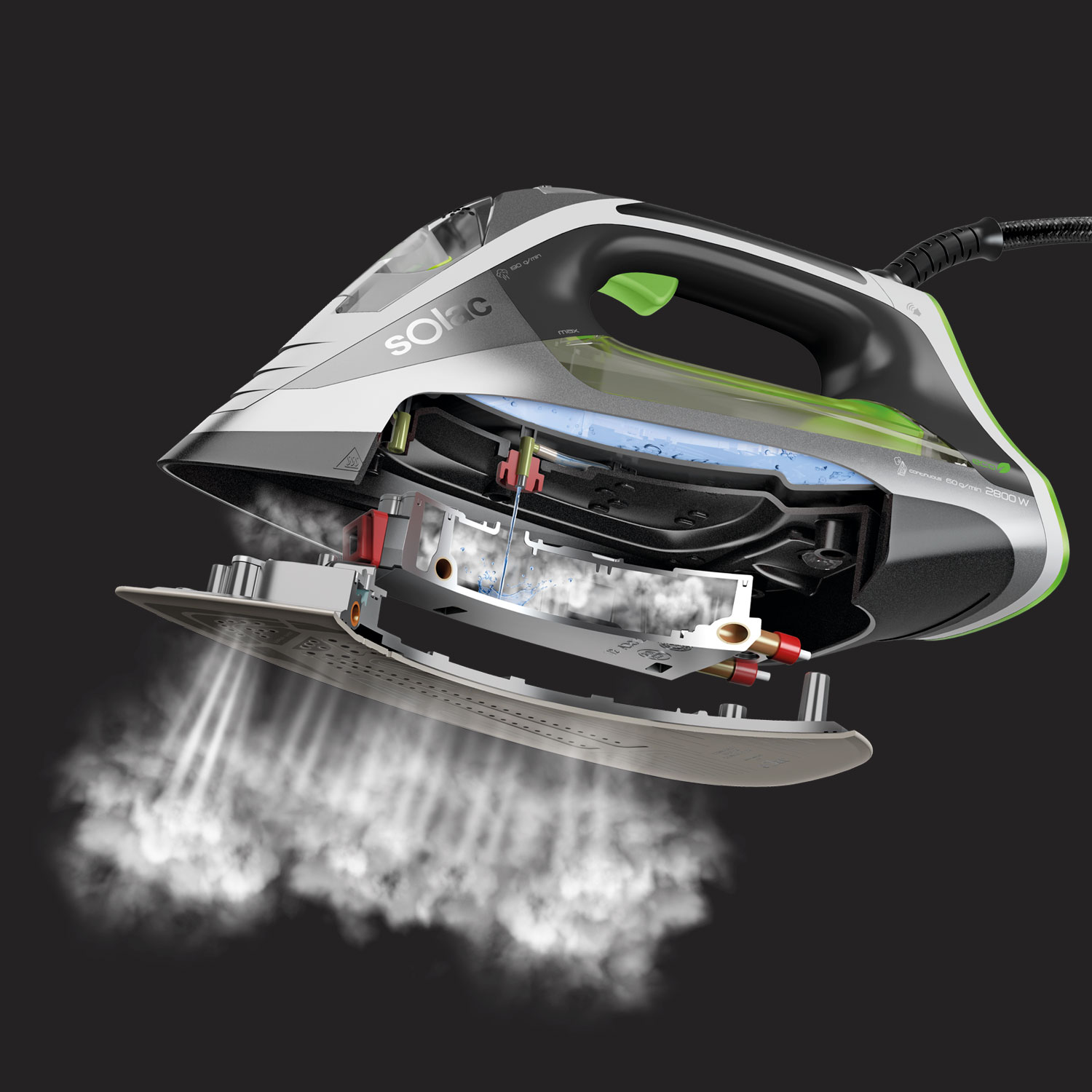 Przekrój żelazka parowego, pokazujący elementy wewnętrzne, emisję pary i czarne tło.