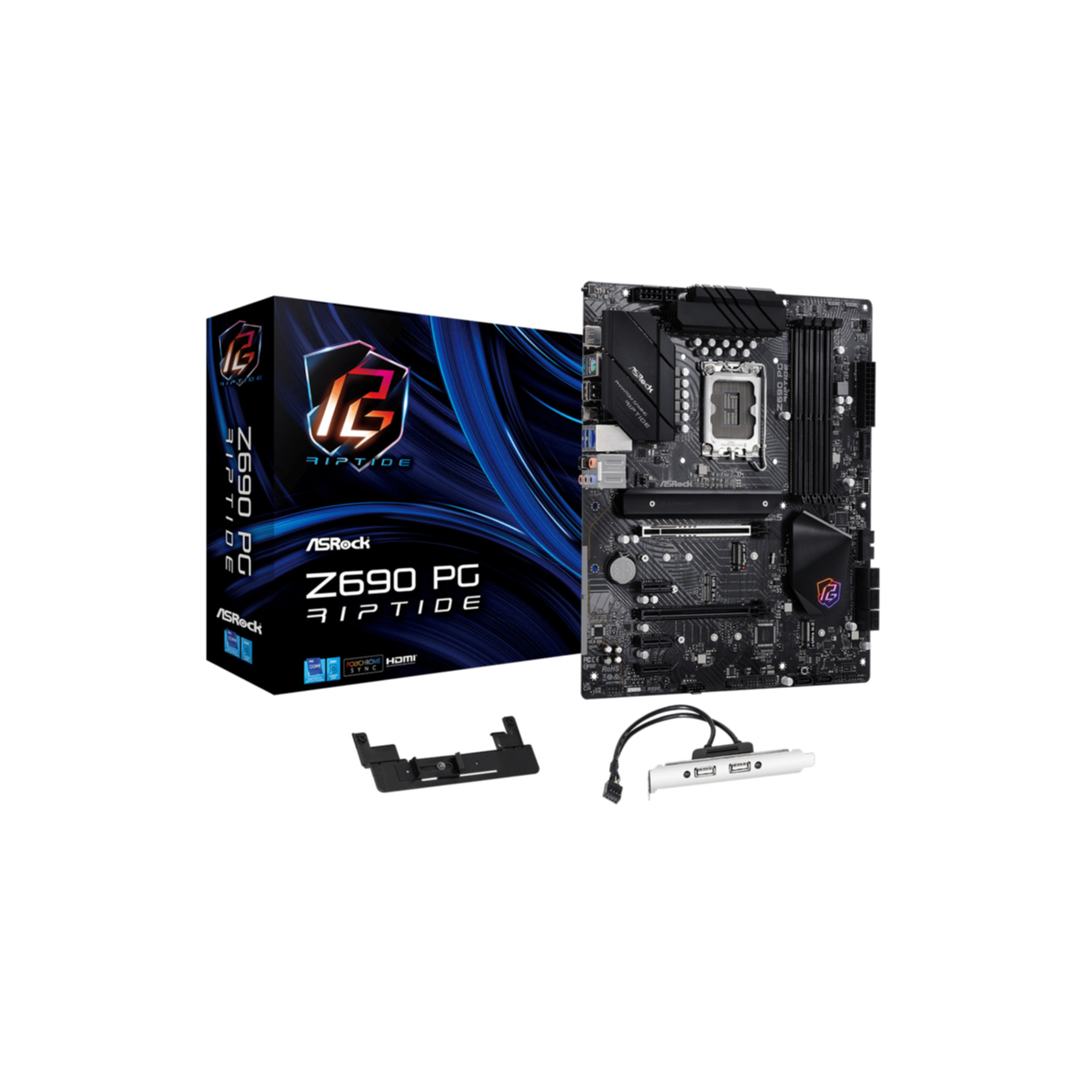 ASRock Z690 PG Riptide-Motherboard mit Box, Komponenten und Halterung. Auf weißem Hintergrund.