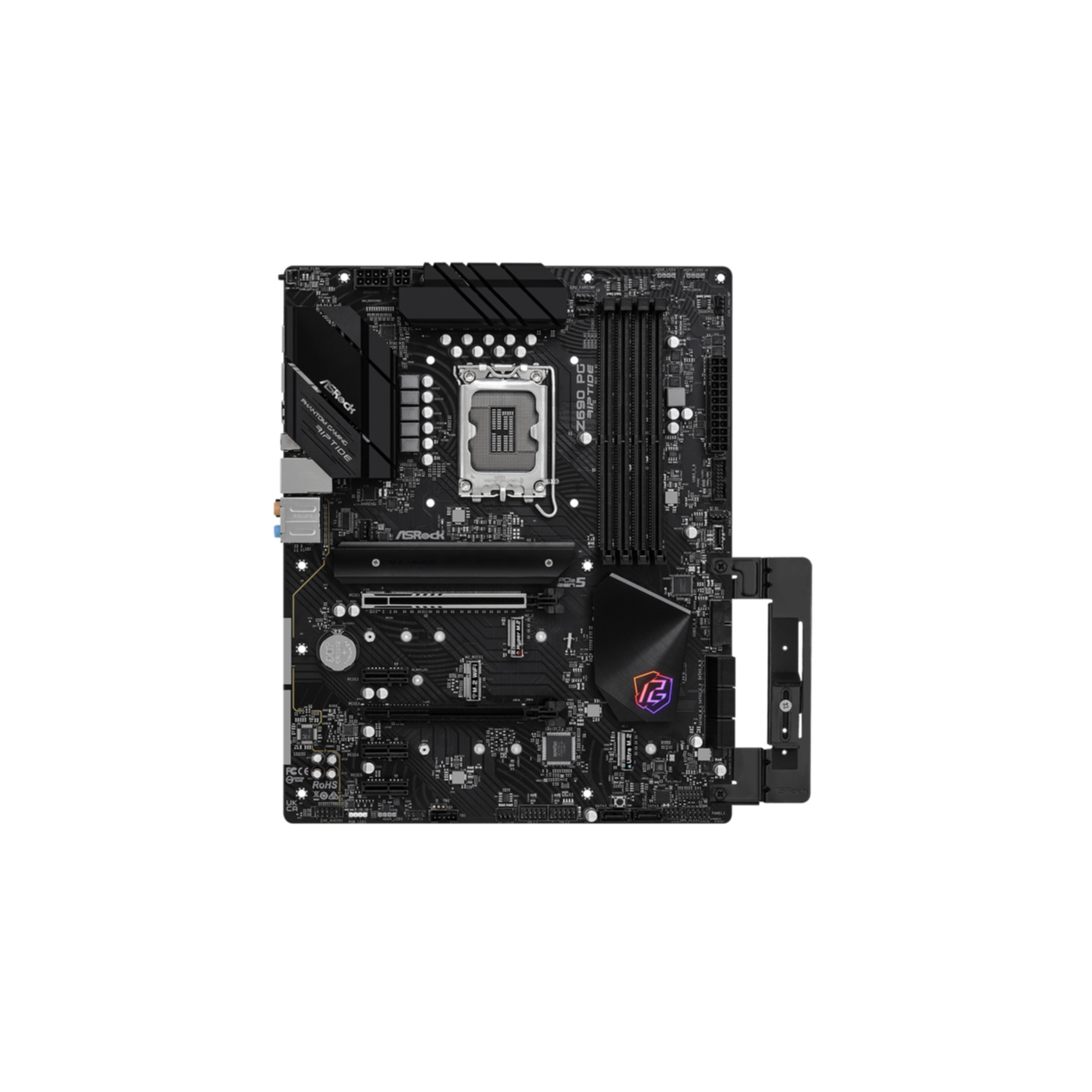 Schwarzes und graues Computer-Motherboard mit verschiedenen Komponenten, isoliert.