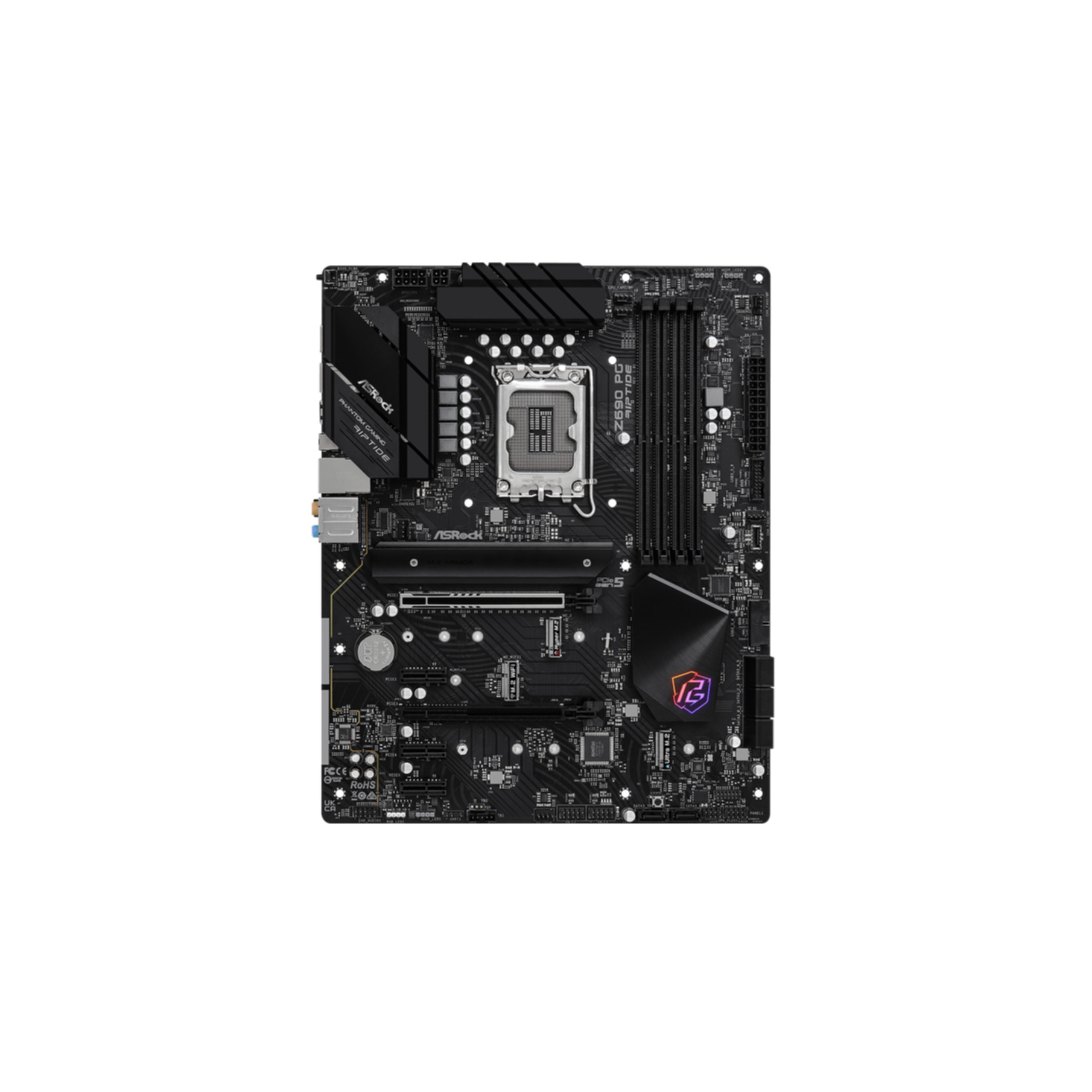 Schwarzes Computer-Motherboard. Hat Steckplätze, Chips und den Markennamen ASRock. Weißer Hintergrund.
