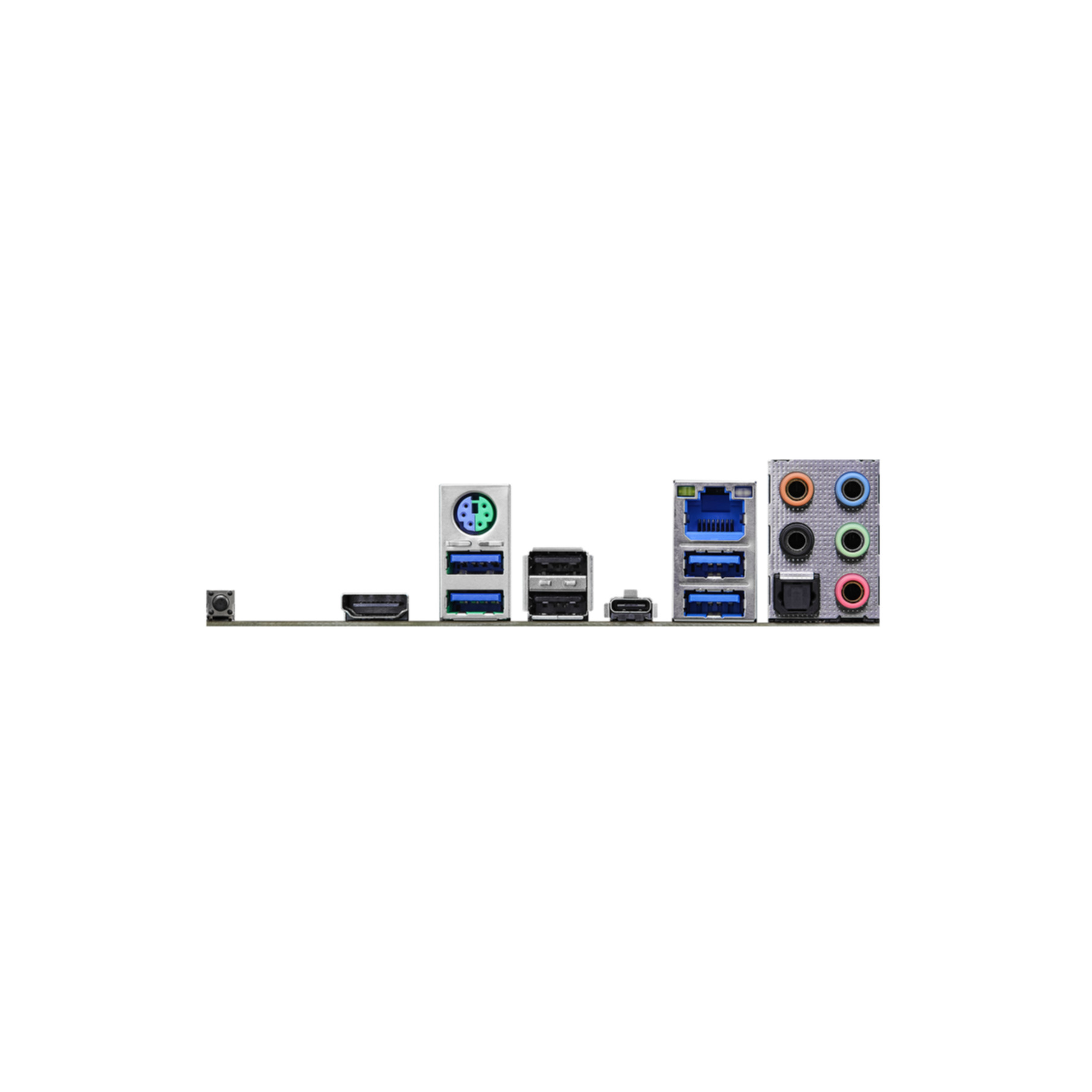 Rückseite eines Motherboards mit USB-Anschlüssen, Audiobuchsen und anderen Anschlüssen.