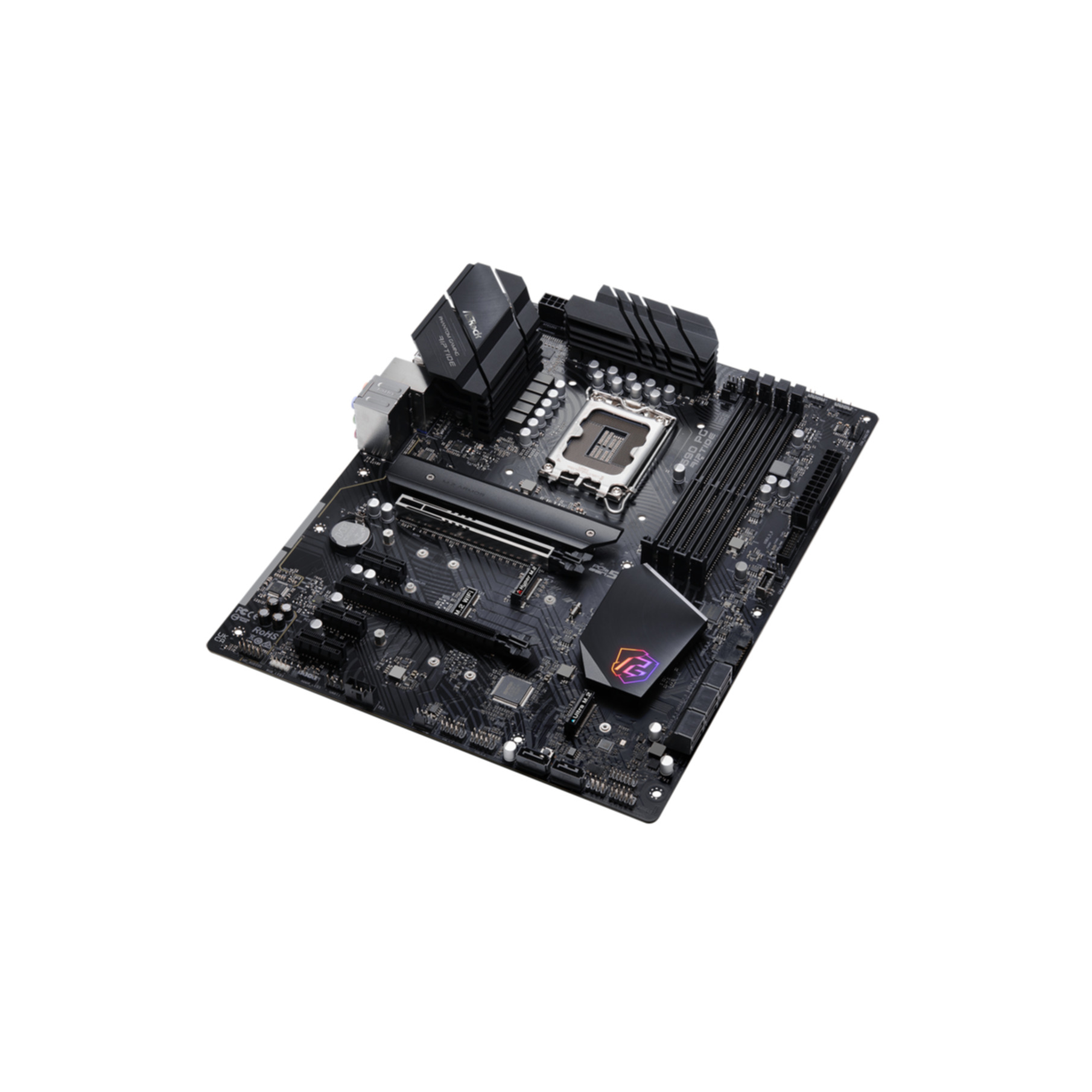 Schwarzes Computer-Motherboard auf weißer Oberfläche. Zahlreiche Komponenten und Anschlüsse sichtbar.
