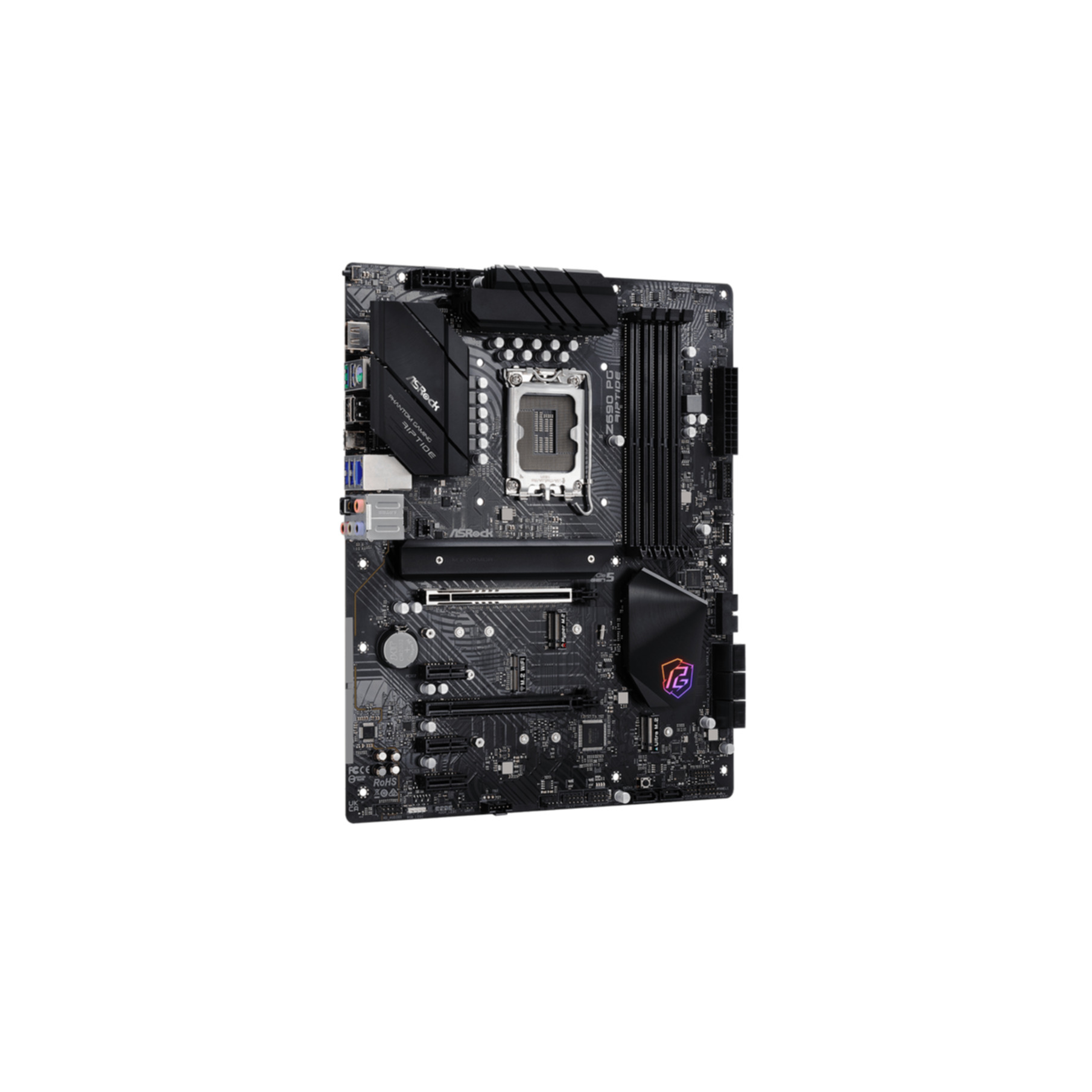 Schwarzes und graues Computer-Motherboard mit mehreren Komponenten und dem ASRock-Logo. Isoliert.