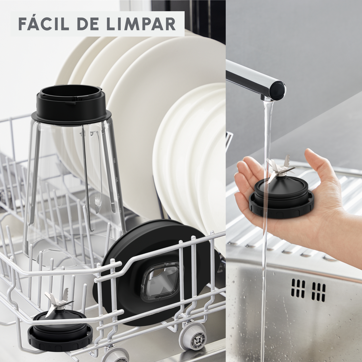 Una licuadora y piezas que se limpian. Un vaso de licuadora está en un lavavajillas. Se enjuaga una cuchilla.