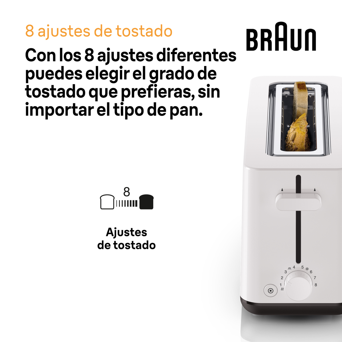 Biały toster z pokrętłem do ustawień opiekania i częściowo przypieczoną kromką chleba w środku.