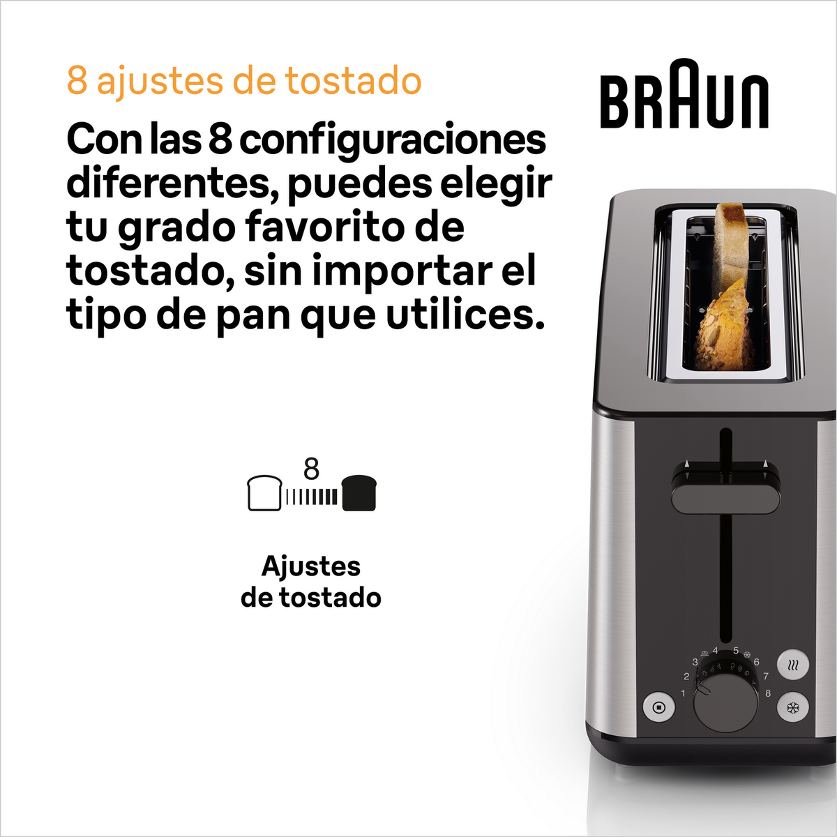 Toster Braun ze stali nierdzewnej z tekstem i ustawieniami poziomów opiekania.