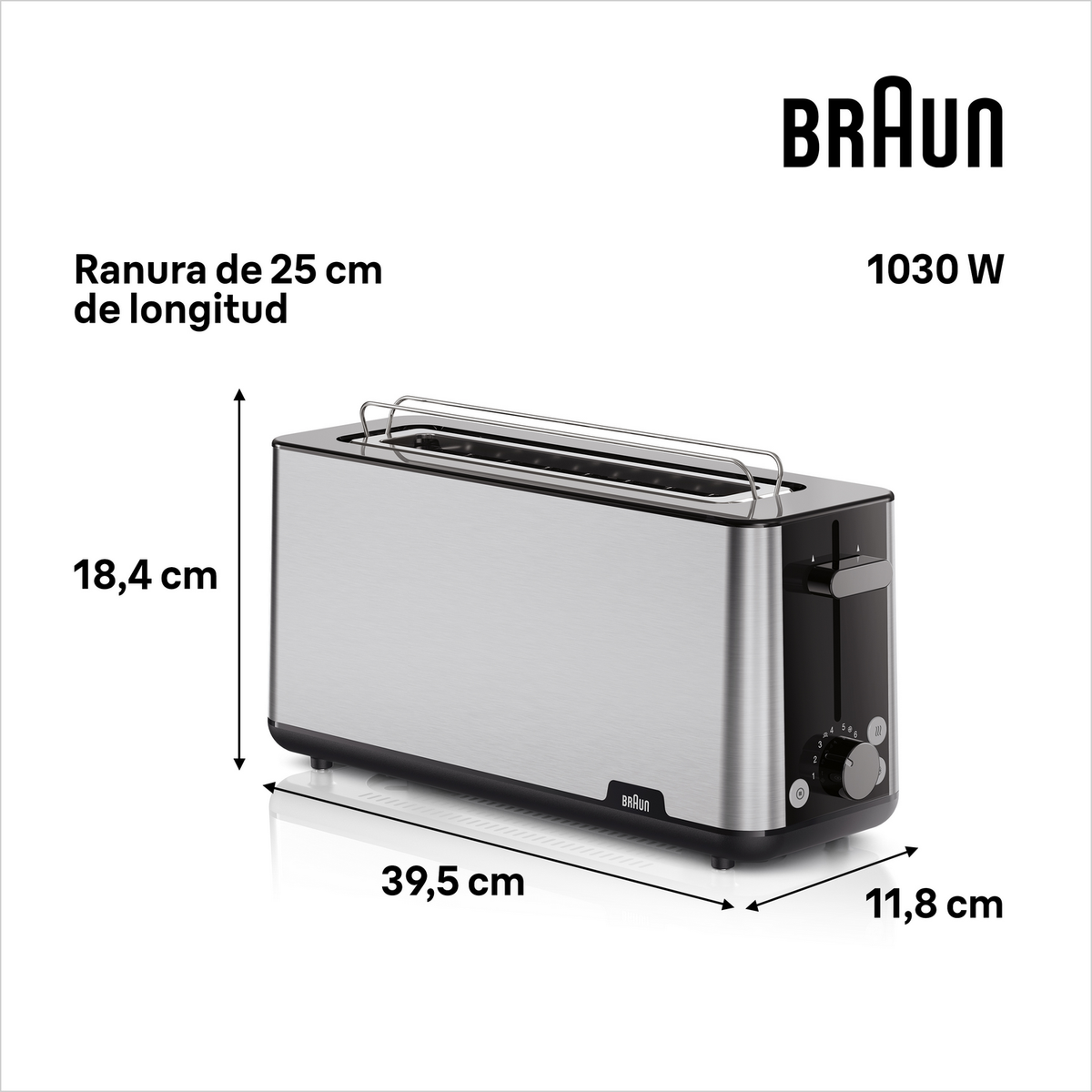 Toster Braun z wymiarami: 39,5 cm, 18,4 cm, 11,8 cm i szczeliną 25 cm.