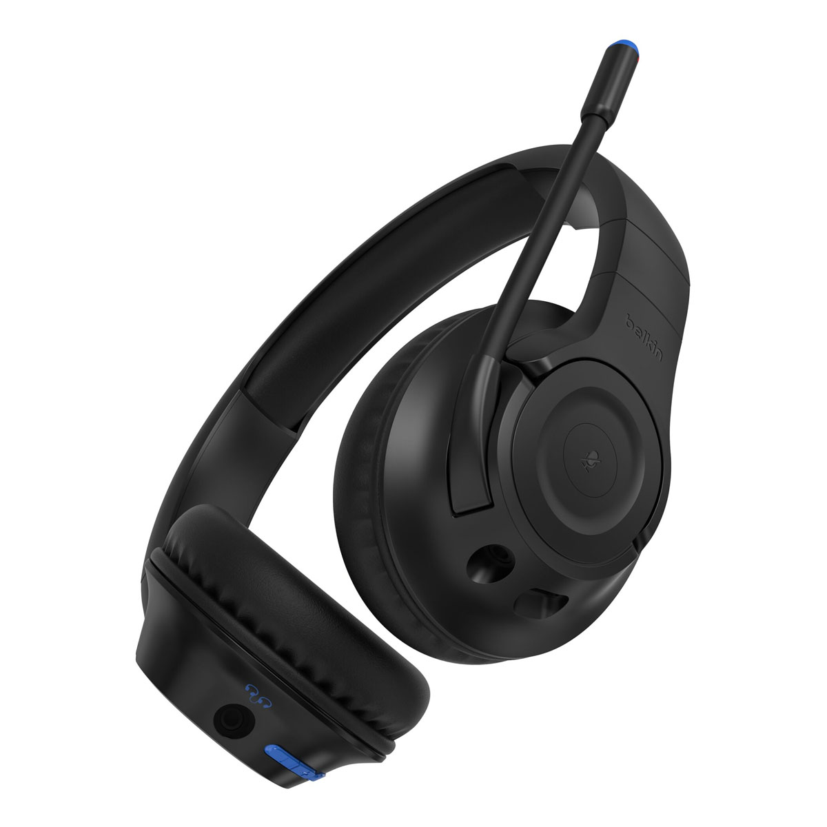 Czarne słuchawki z mikrofonem. Słuchawki mają elegancki design i niebieskie akcenty.