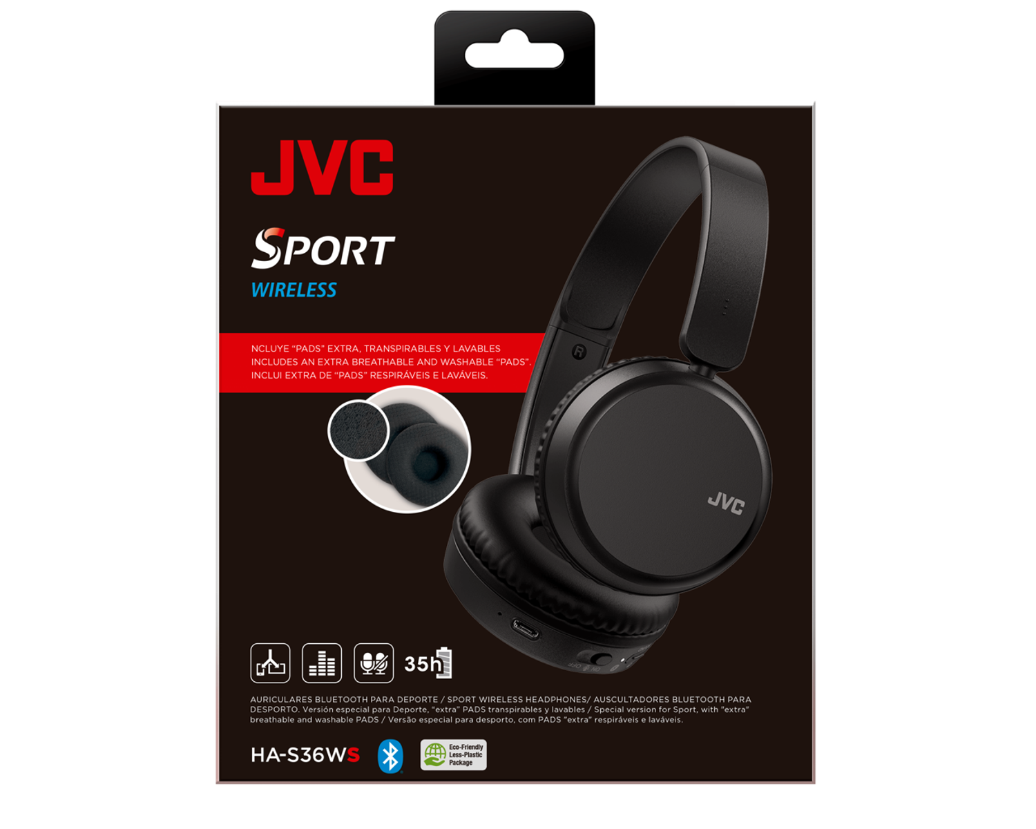 Caja de auriculares inalámbricos JVC Sport negros. Imagen, detalles y texto de los auriculares. Texto: HA-S36WS.