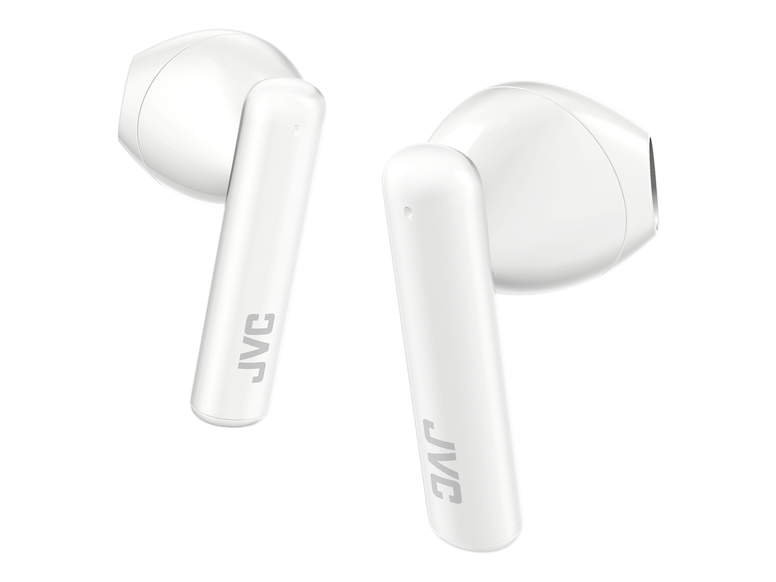Auriculares blancos con el logo de JVC. Los auriculares están sobre una superficie.