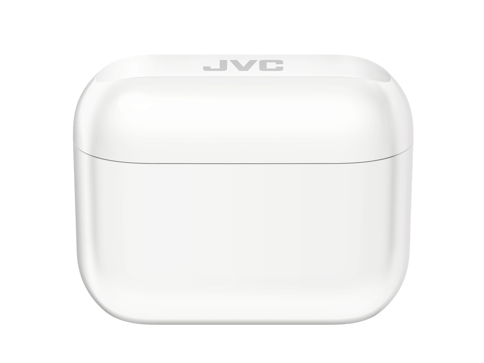 Estuche blanco de auriculares JVC con el logotipo de la marca en la parte superior, aislado.