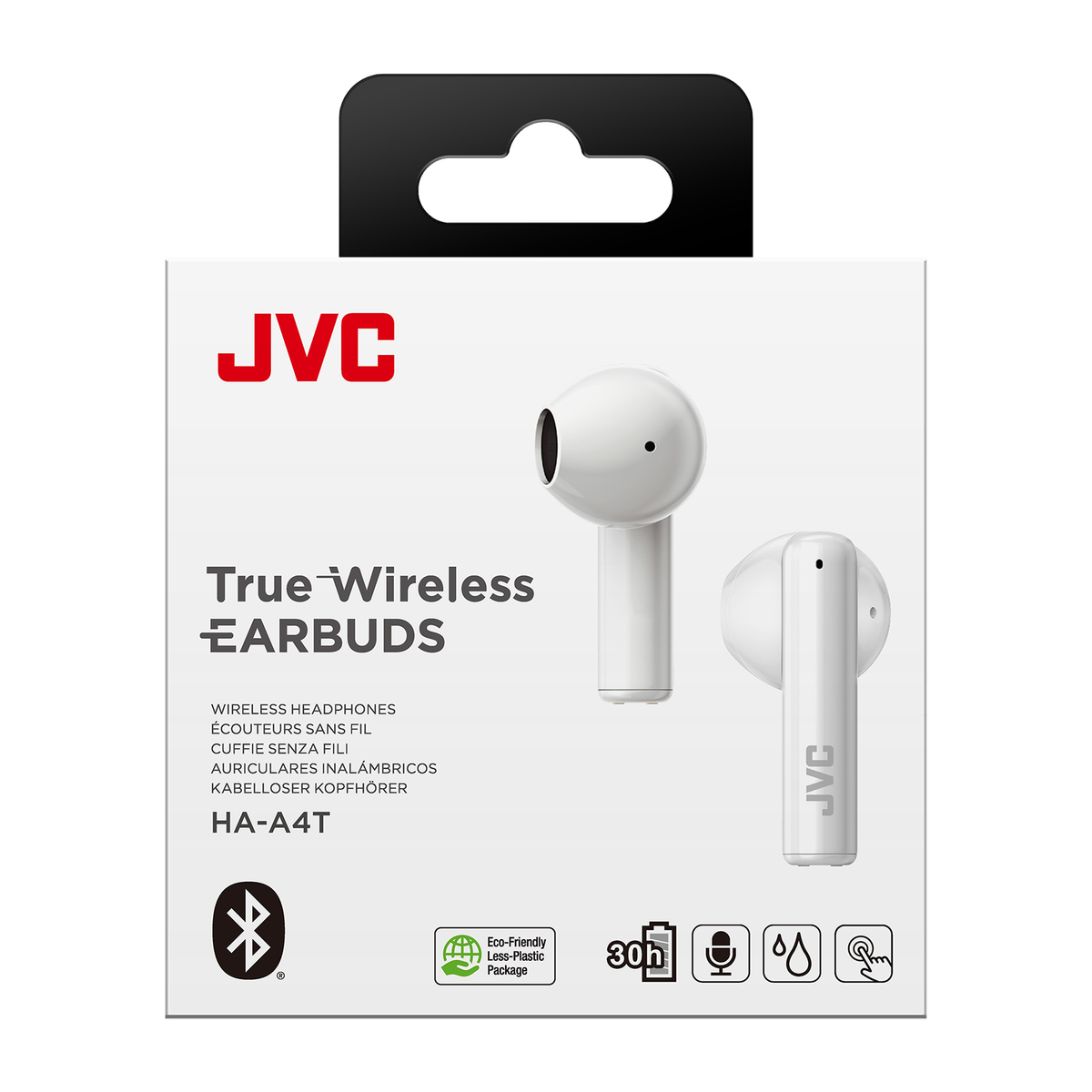 Auricolari JVC bianchi in una scatola. Testo e icone. Sfondo nero.