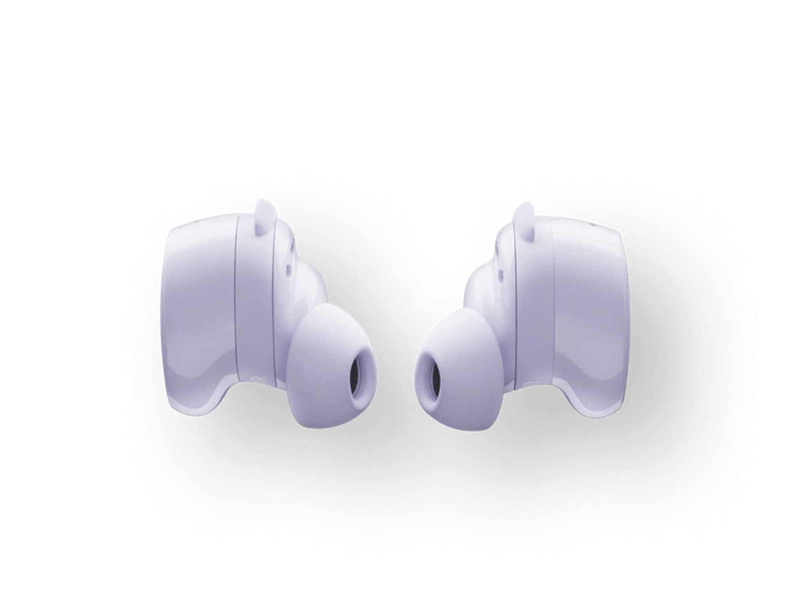 Dwa białe bezprzewodowe słuchawki, skierowane ku sobie, na czarnej powierzchni.