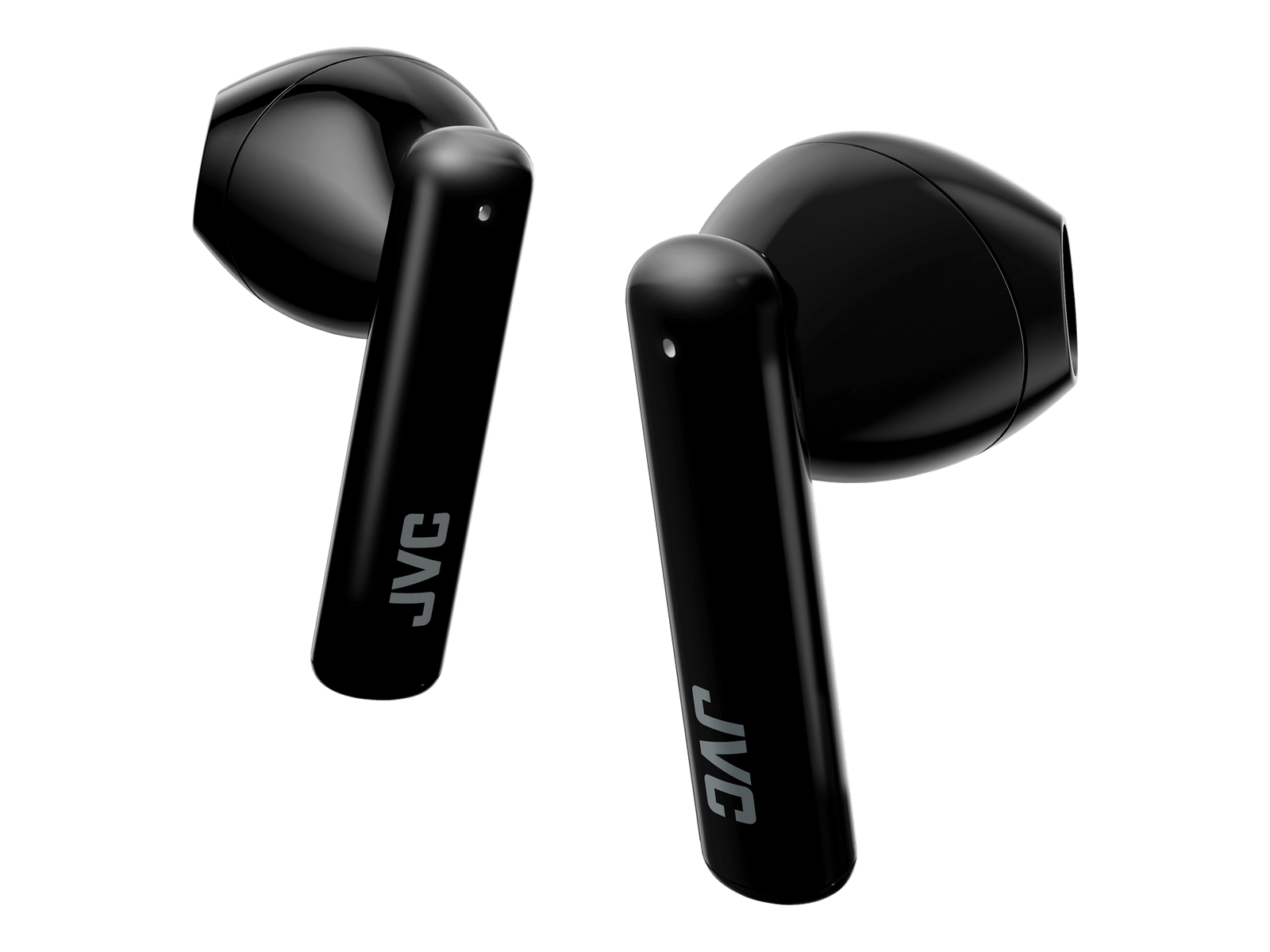 Dos auriculares JVC negros, en primer plano, con el logotipo de JVC visible.