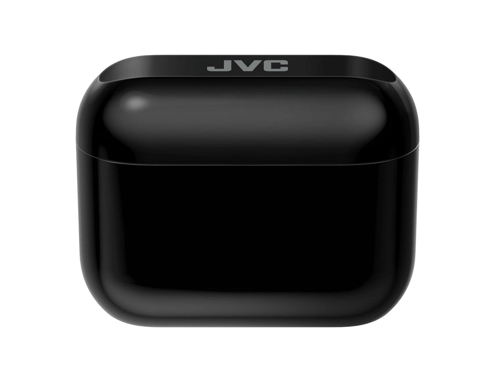 Un estuche negro para auriculares JVC. Es un estuche cuadrado con el logotipo de JVC en la parte superior.