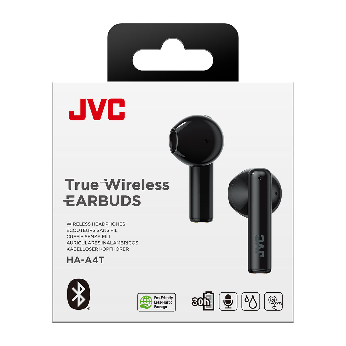 Auricolari JVC neri in confezione, vista angolata, sfondo bianco, etichette di testo.