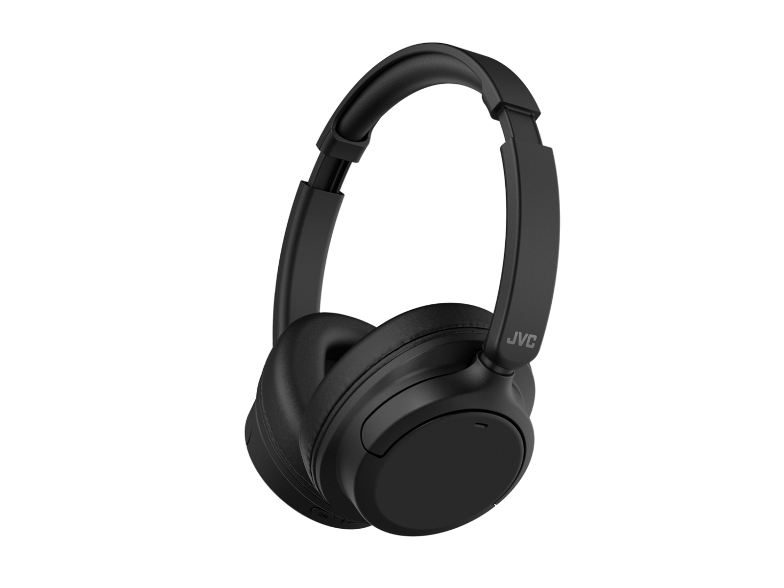 Czarne słuchawki JVC na czarnym tle. Słuchawki są bezprzewodowe.