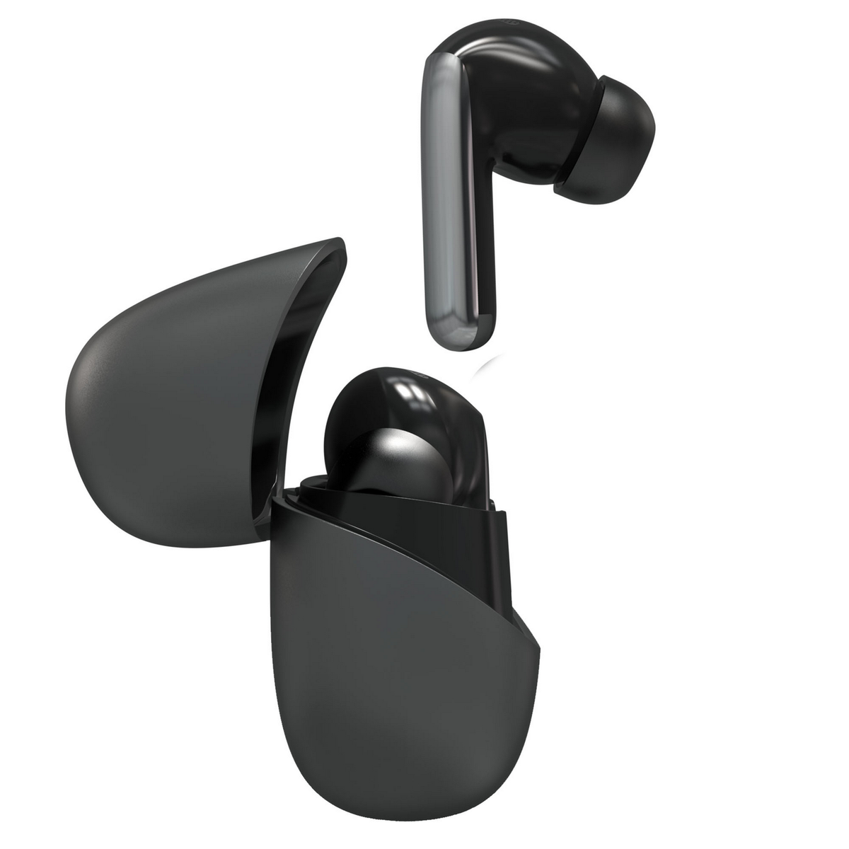 Auriculares inalámbricos negros con estuche de carga. Un auricular fuera del estuche.