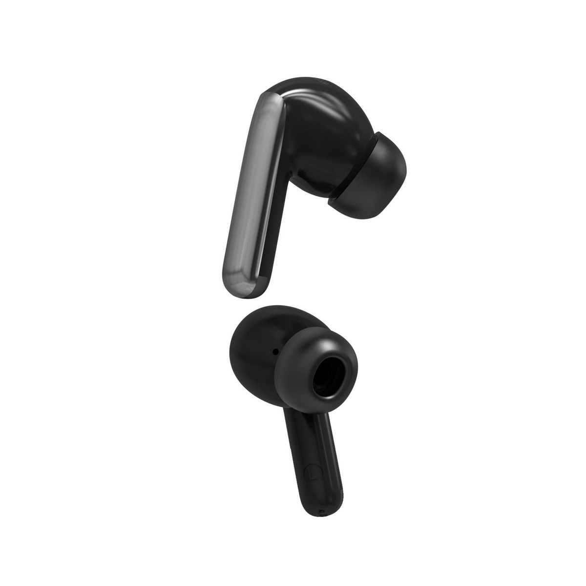 Auriculares inalámbricos negros. Un auricular en el aire, otro en el suelo.
