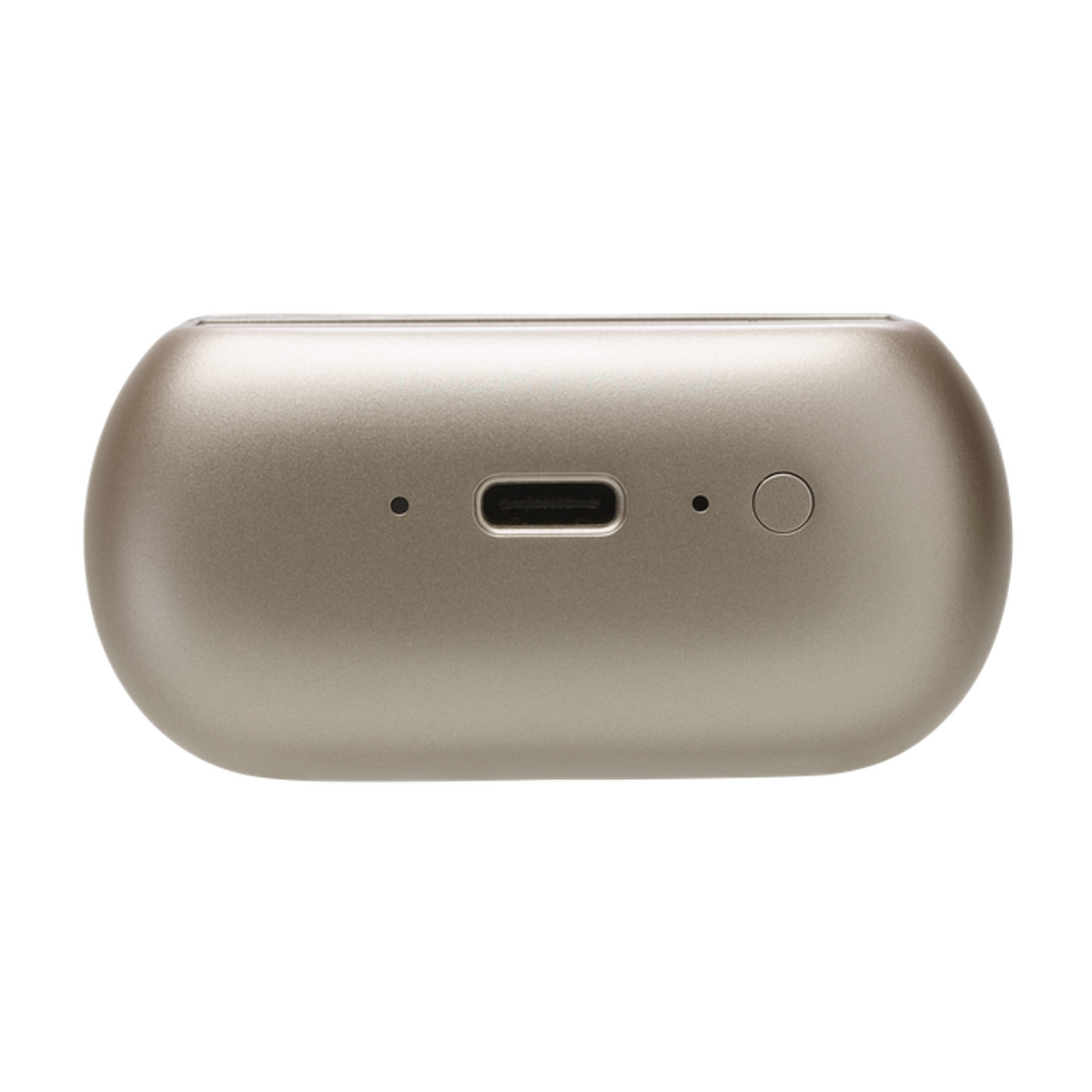 Primo piano di un piccolo dispositivo elettronico color oro. Ha una porta USB-C, un pulsante e due fori.