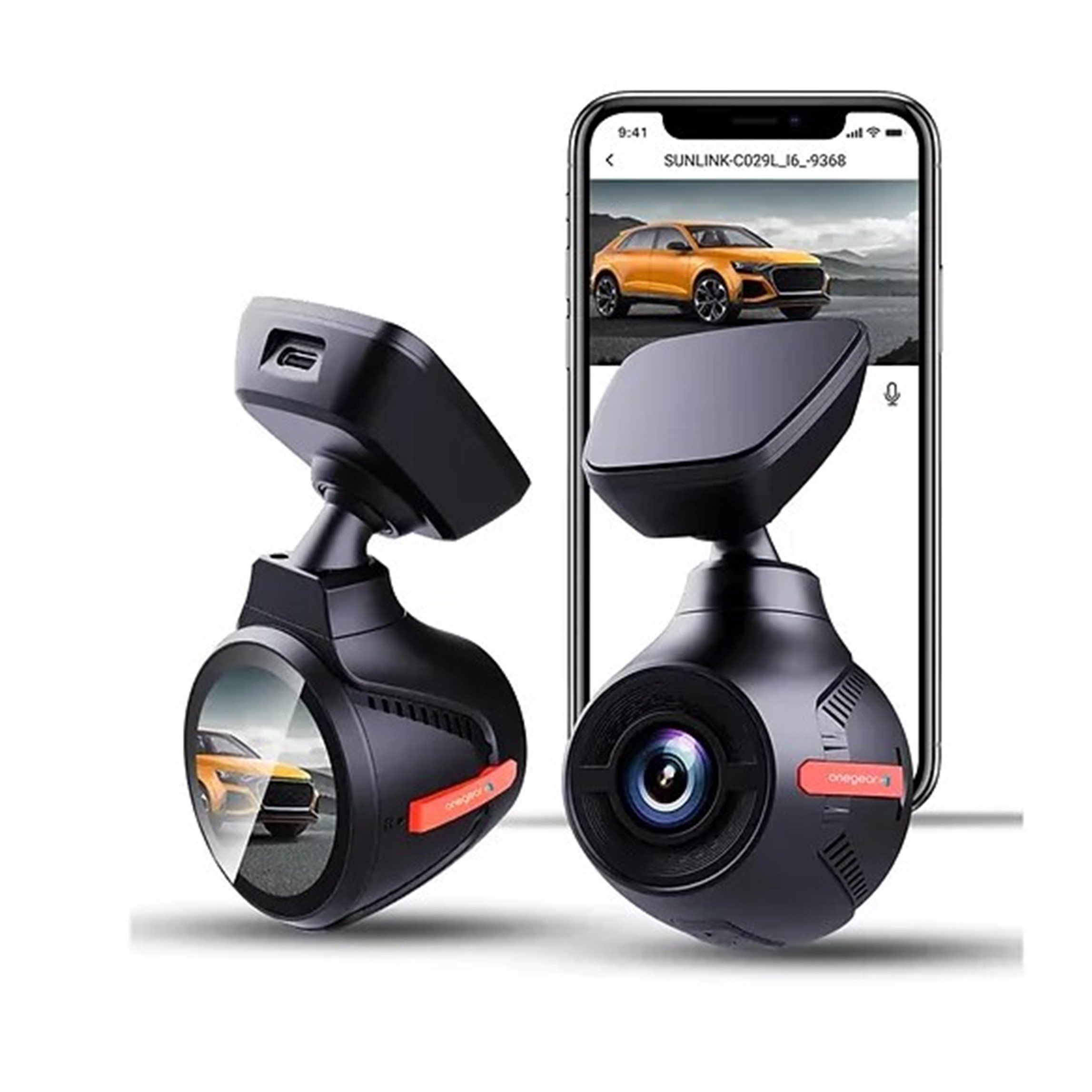 Dashcam per auto con schermo che mostra un'auto. Un'altra dashcam accanto.