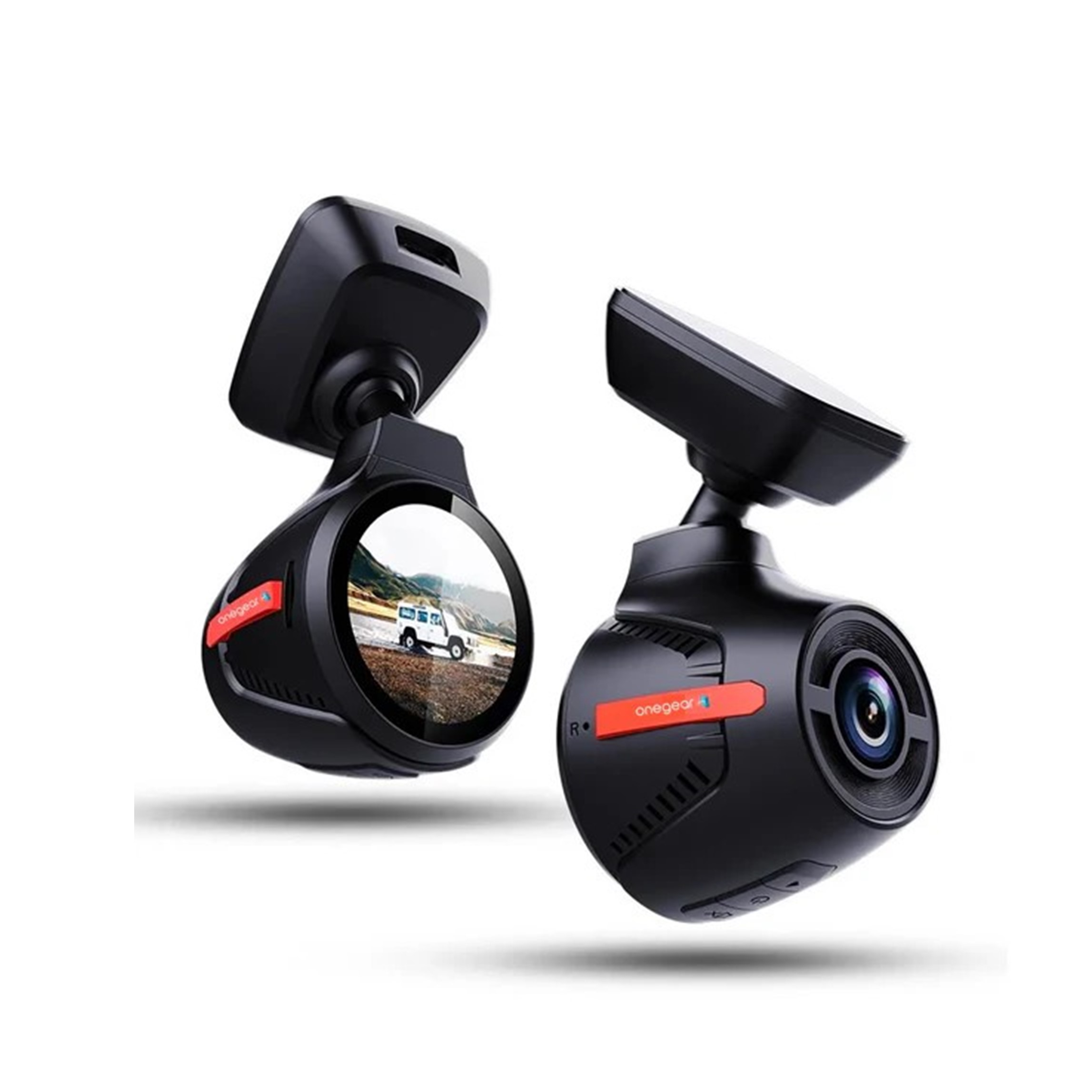 Due dashcam nere, angolate, che mostrano l'obiettivo e lo schermo, isolate su bianco.