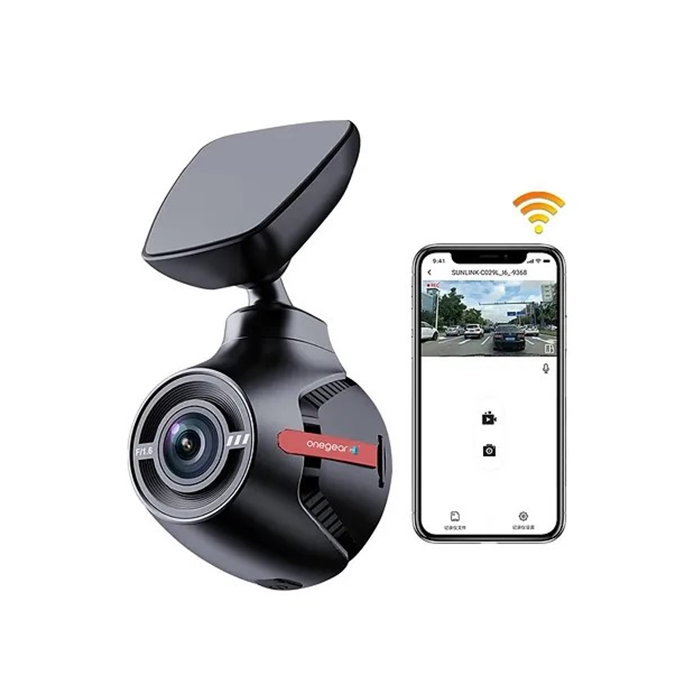 Dash cam nera con schermo che mostra vista stradale e smartphone.