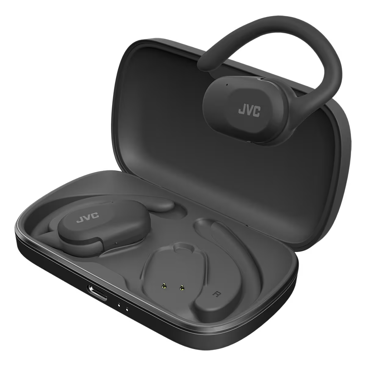 Auriculares JVC negros en un estuche de carga. Fondo blanco.
