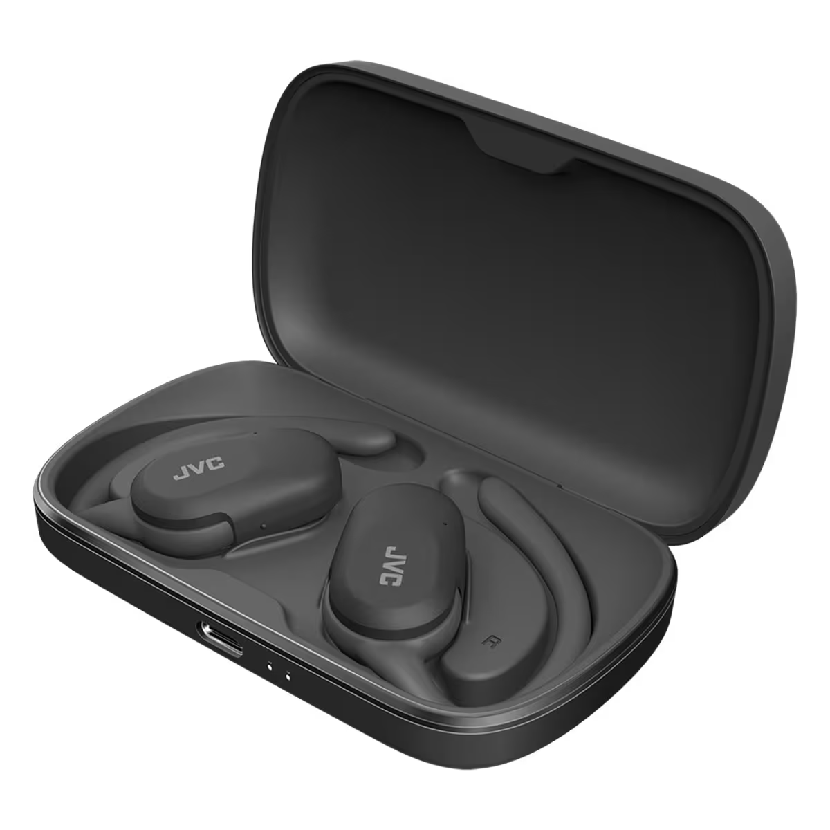 Auriculares JVC negros en un estuche negro. El estuche está abierto.