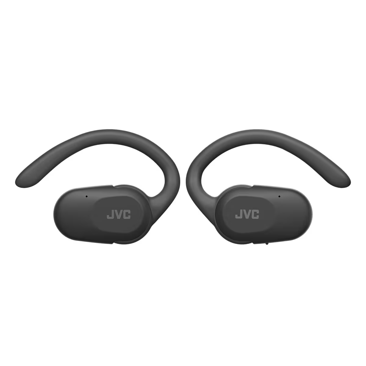 Auricolari JVC neri con ganci per l'orecchio. Su sfondo bianco.
