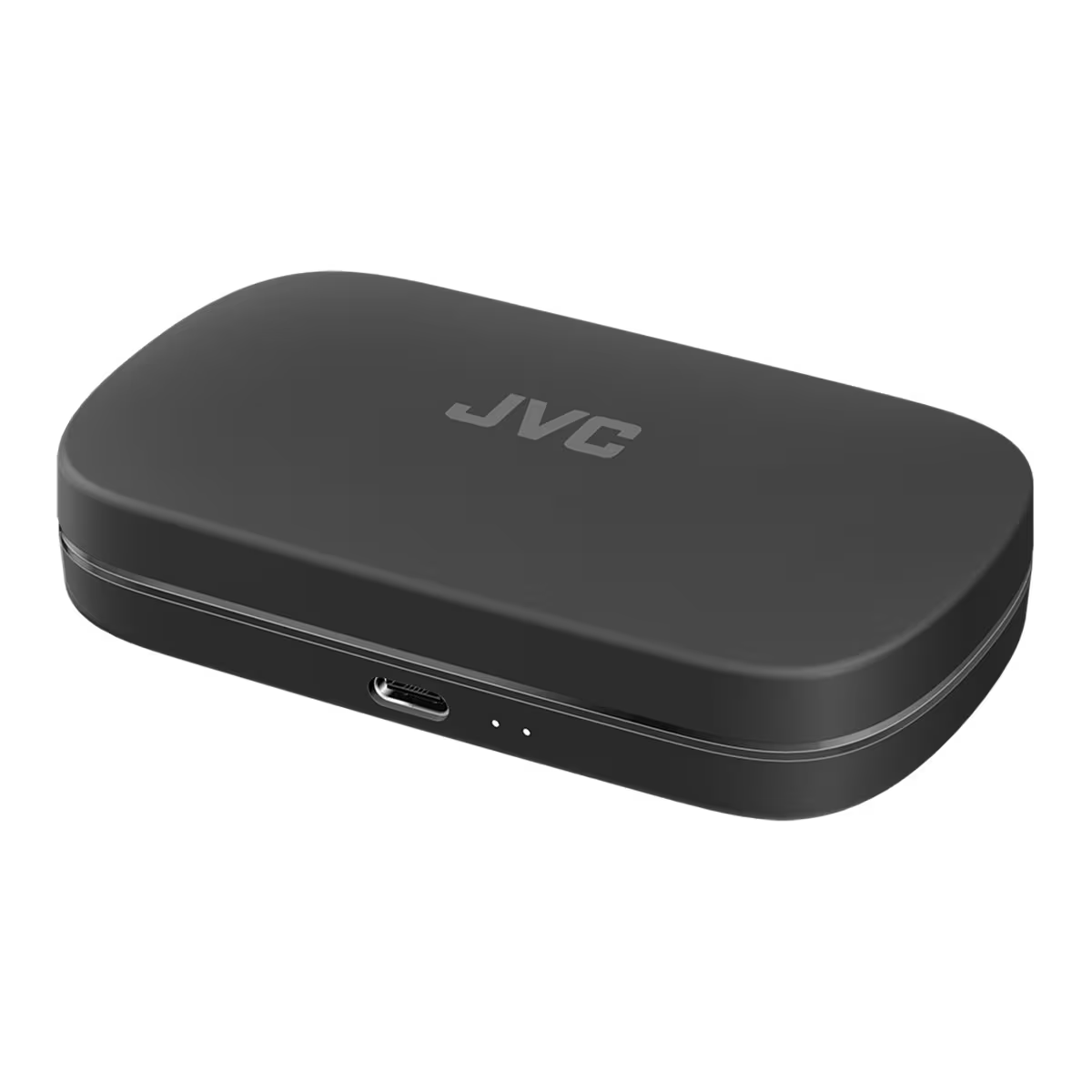 Custodia di ricarica JVC nera, forma rettangolare, con logo JVC e porta USB-C.