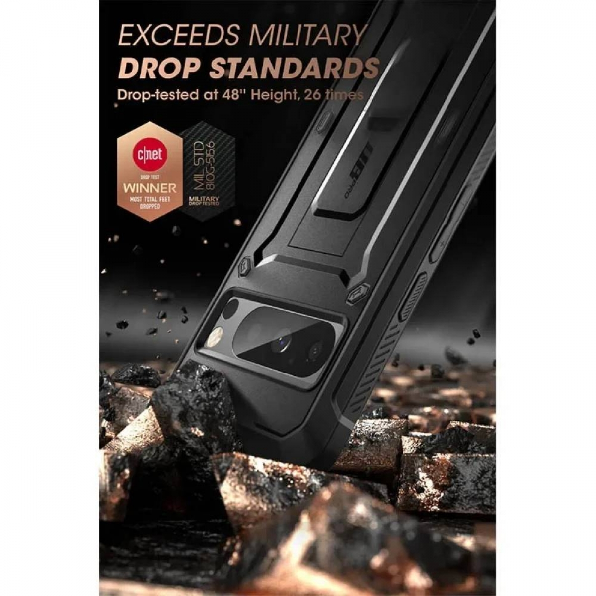 Schwarze Handyhülle, stoßfest. Text: Übertrifft militärische Fallstandards. Gewinner.