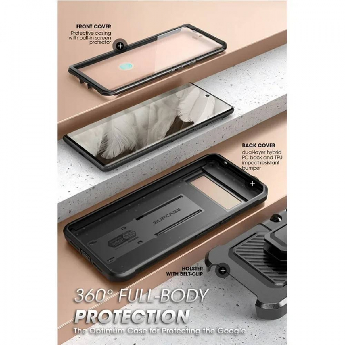 Handyhülle mit Schichten. Zeigt Vorder-, Rückseite und Holster mit Gürtelclip zum Schutz.