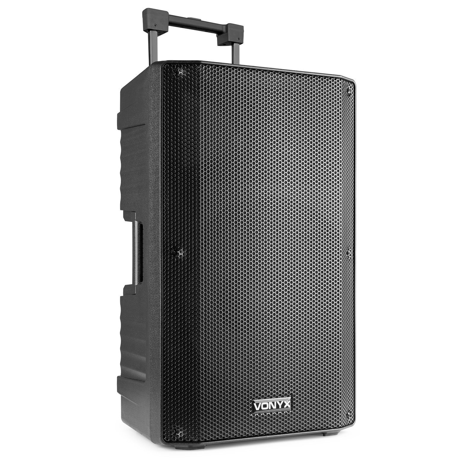 Zwarte speaker met een metalen rooster en een handvat.
