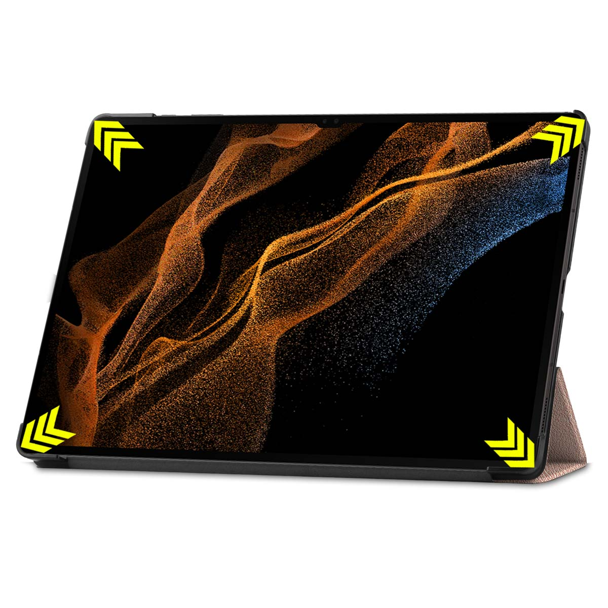 Tablette, vue diagonale, dans un étui. Écran noir avec design abstrait. Accents de flèches jaunes.