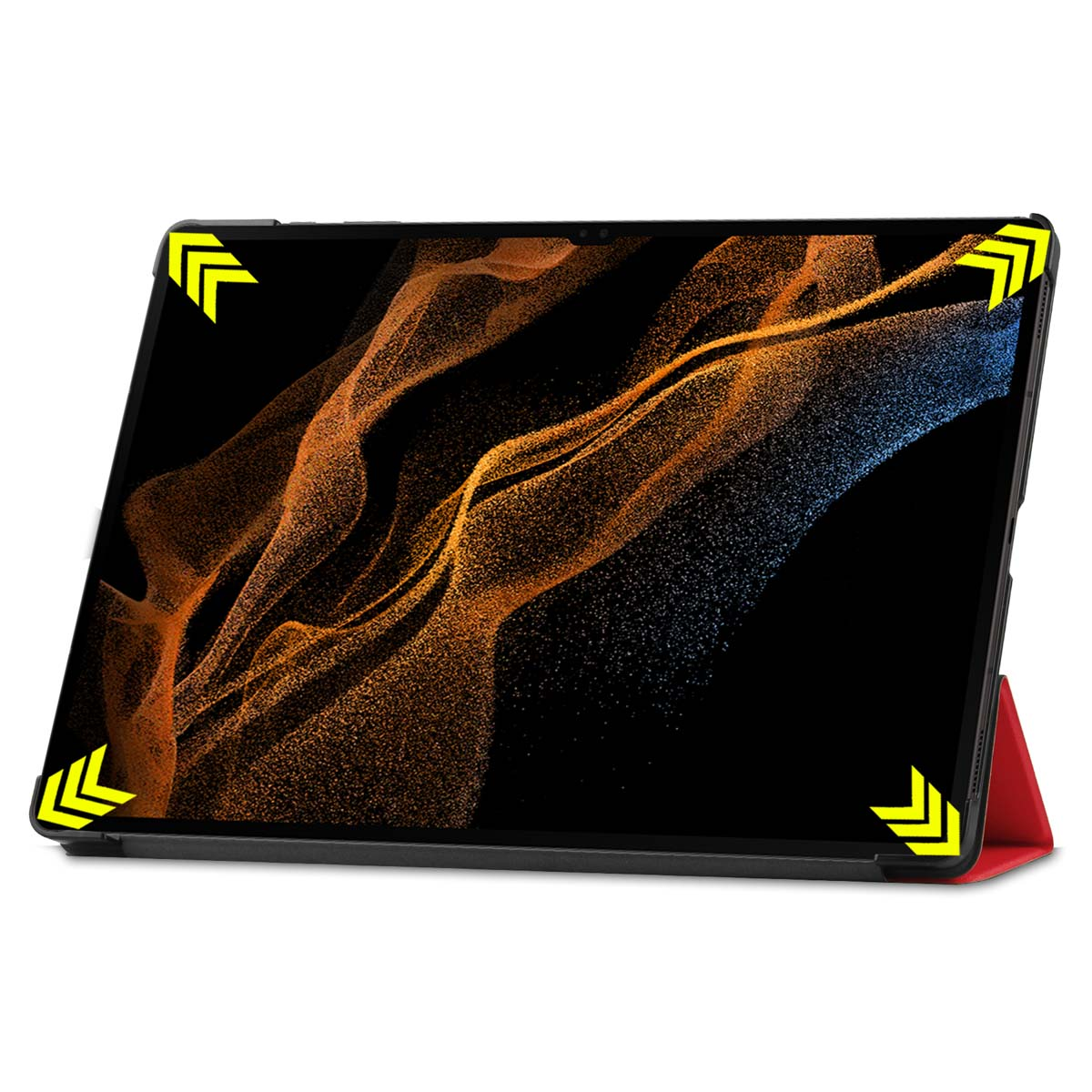 Tablet with an orange and blue screen cover. Yellow arrow-like corner markers.