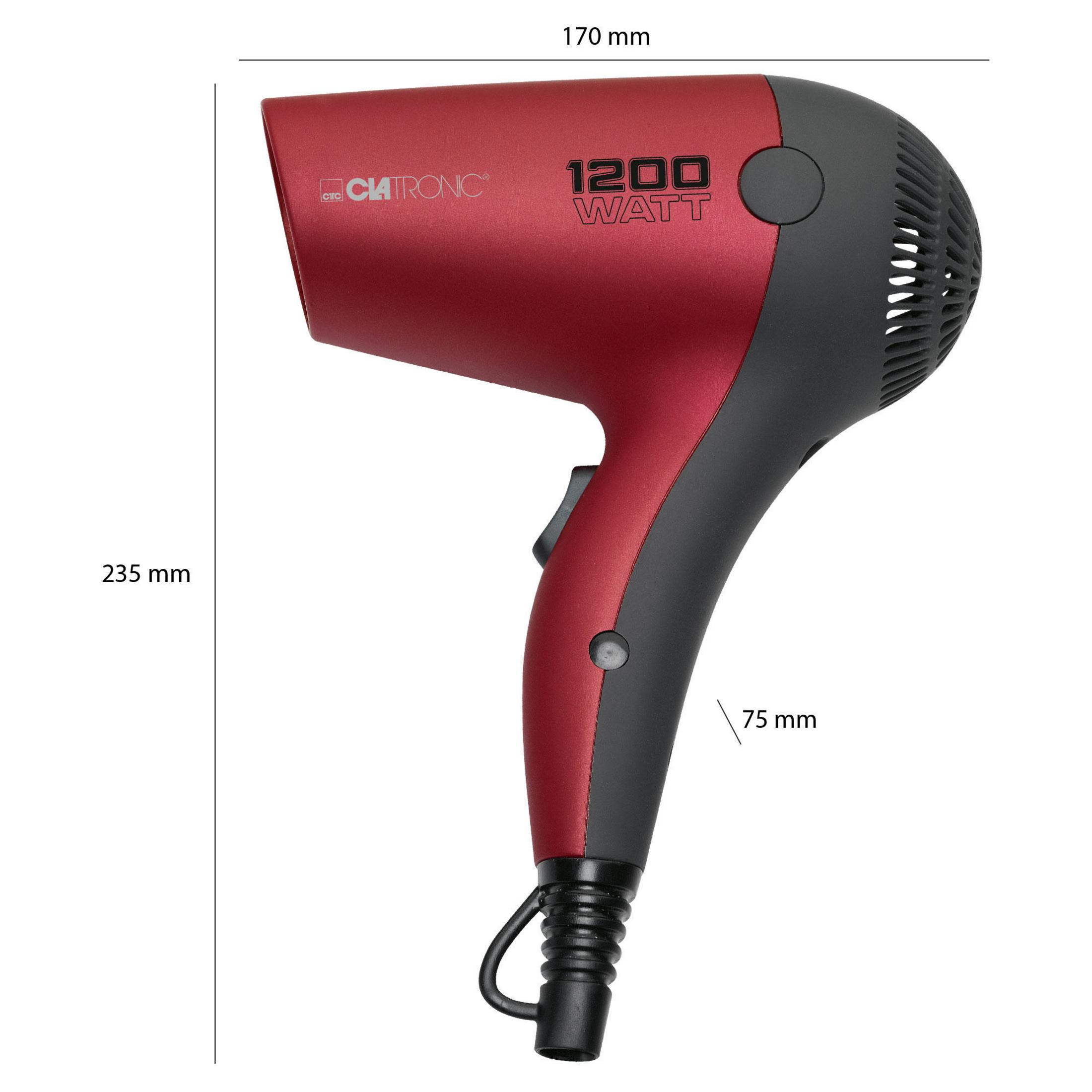 Secador de pelo Clatronic rojo y negro, 1200 vatios. Se muestran las dimensiones.