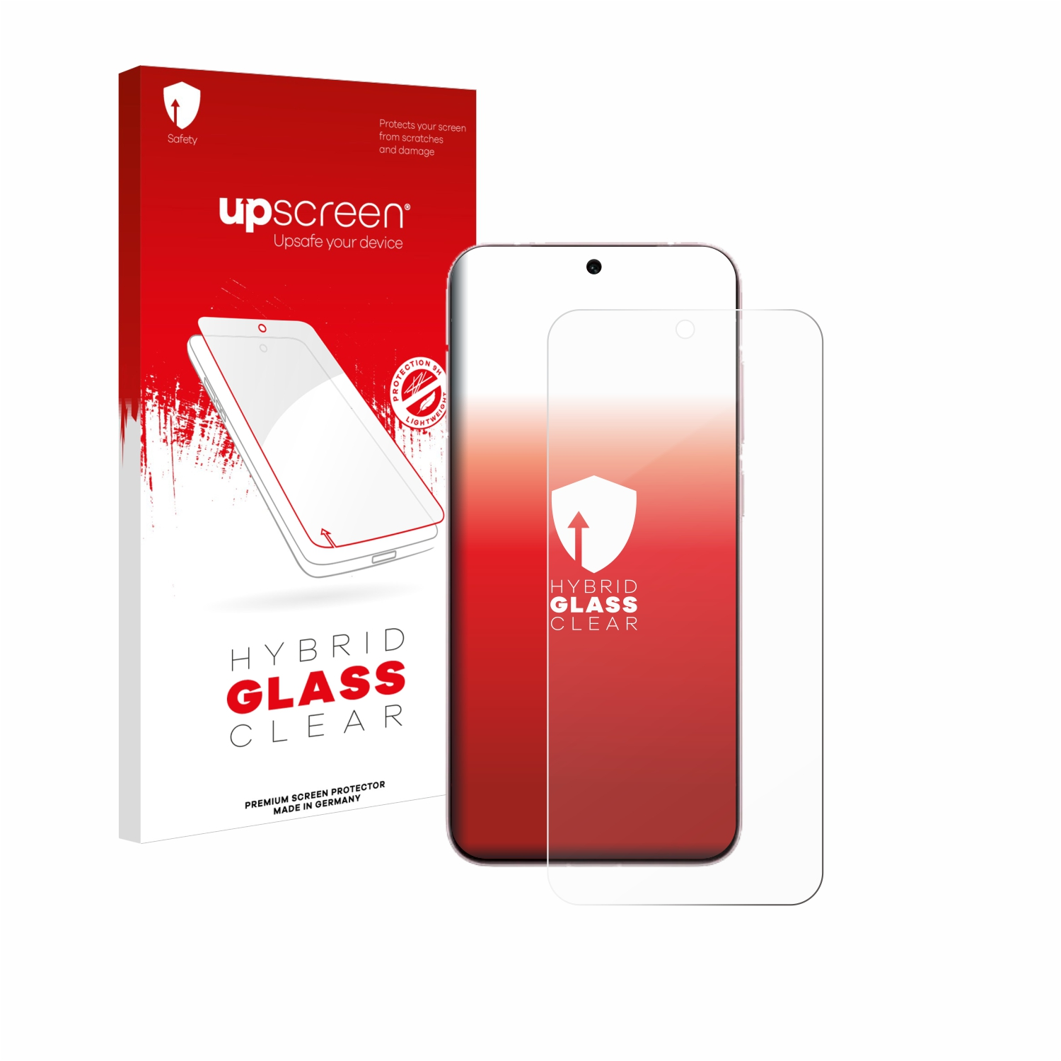 Telefon mit klarer Displayschutzfolie und Box. Rote und weiße Verpackung mit Telefonumriss.