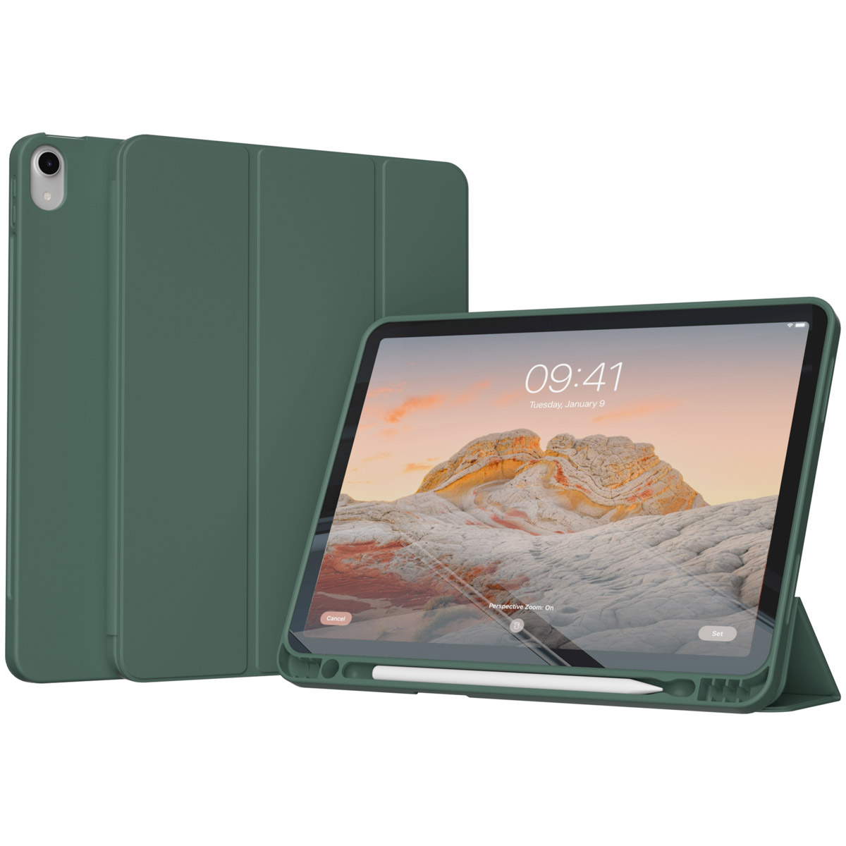 Groene iPad-hoes met een iPad erin. Het scherm toont een landschap en tijd.