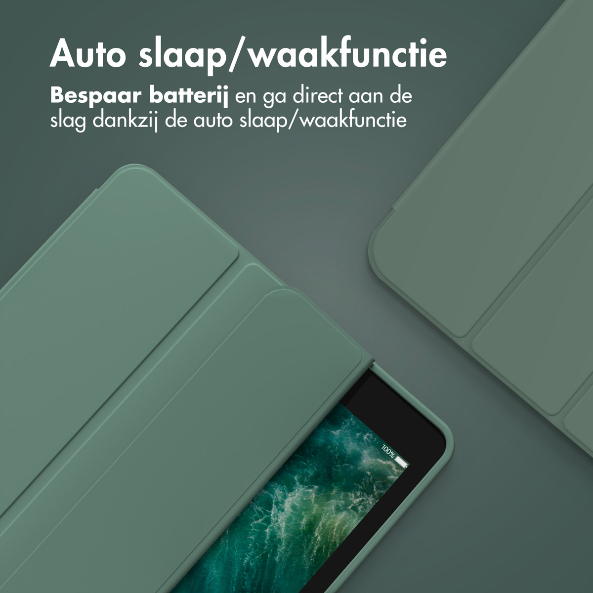 Groene tablet in een hoes, met 100% batterij-indicatie. De tekst erboven luidt Auto Sleep/Wake.