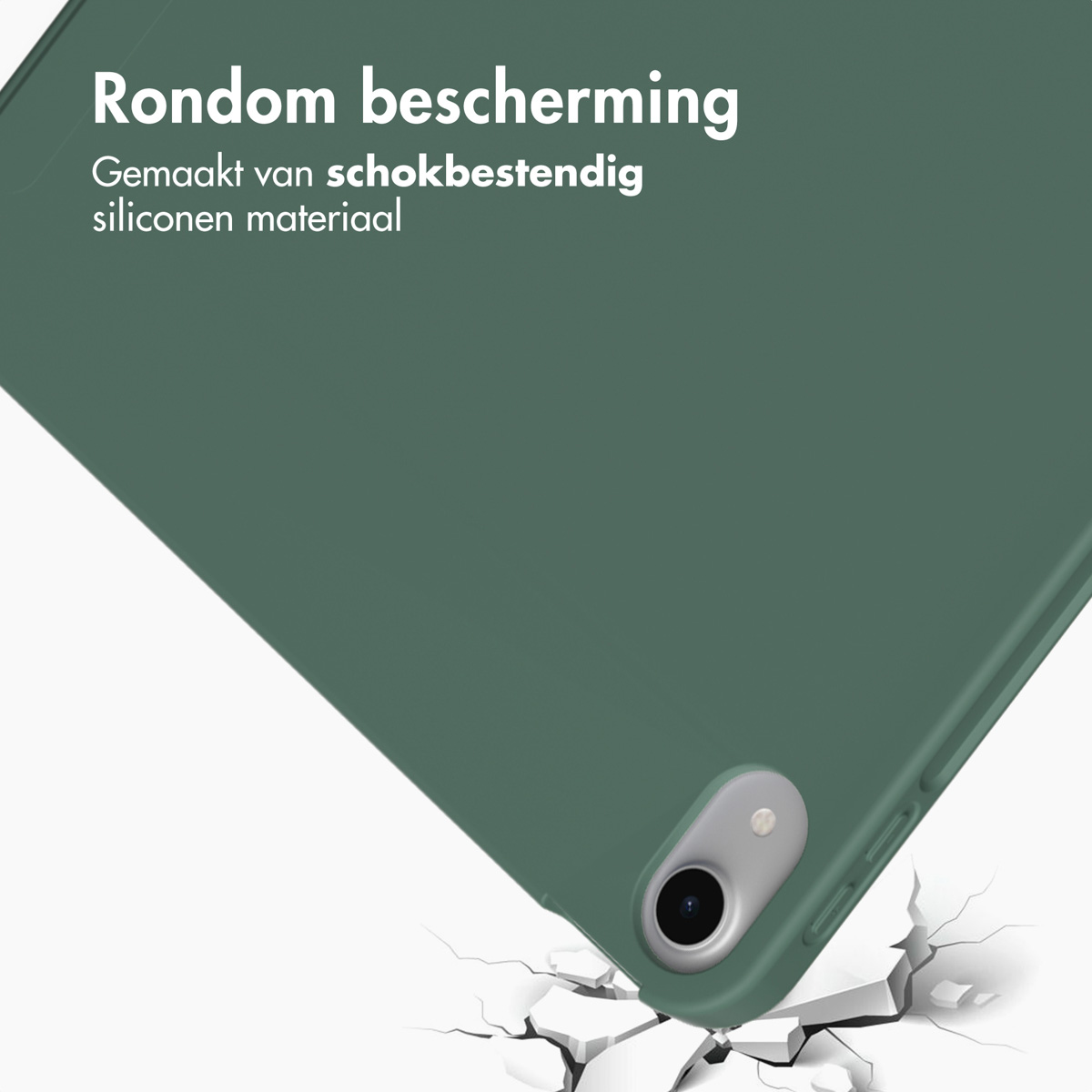 Groene iPad-hoes met tekst: 'Rondom bescherming, Gemaakt van schokbestendig siliconen materiaal'.