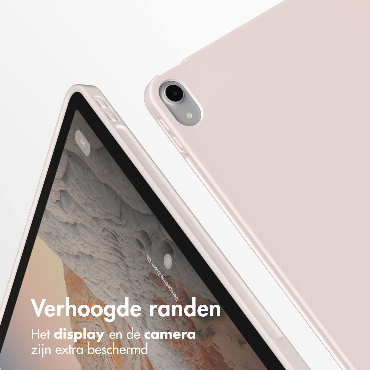 Un étui de tablette rose avec du texte en néerlandais. L'étui couvre le côté d'une tablette.