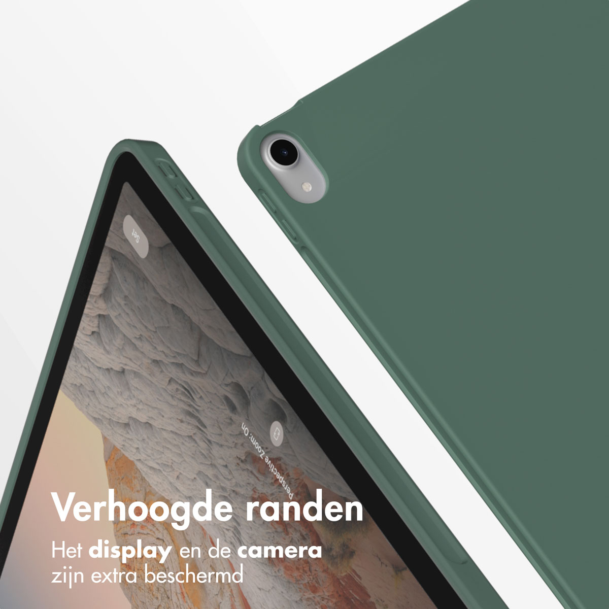 Groene tablethoes, met tekst over de verhoogde randen die het scherm en de camera beschermen.
