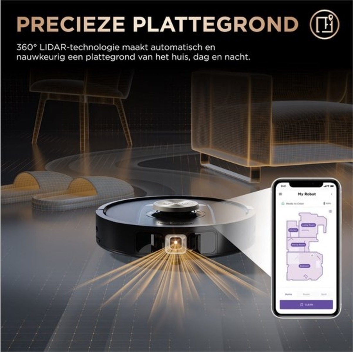 Odkurzacz robot sprzątający pokój; telefon pokazuje interfejs mapy.