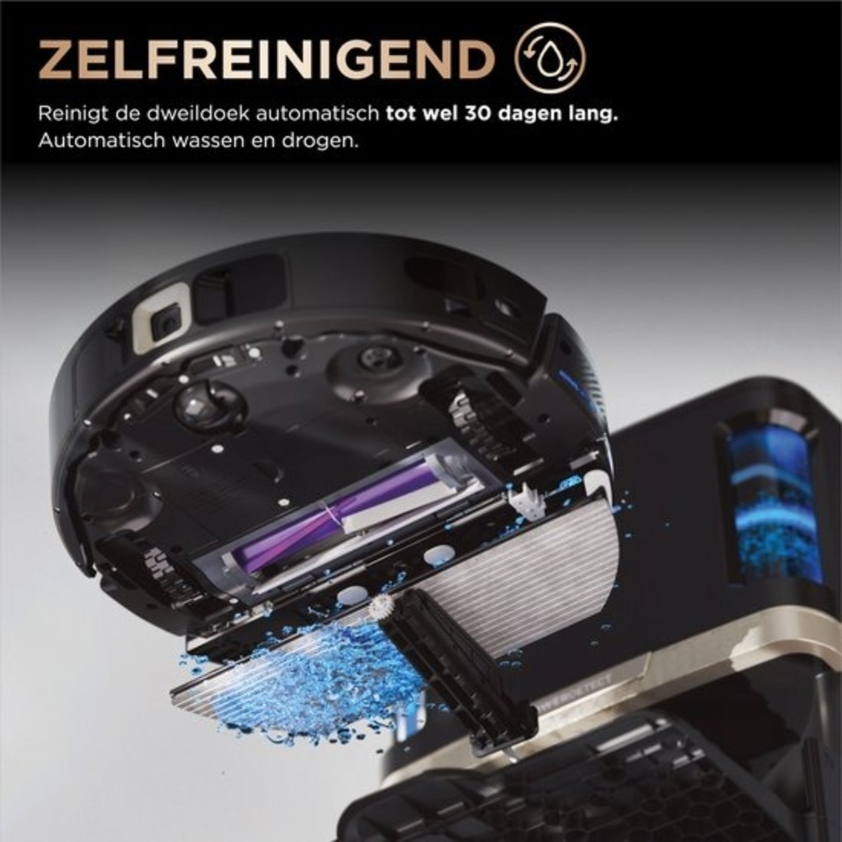 Czarny i srebrny robot sprzątający z wodą rozpylaną z niego.