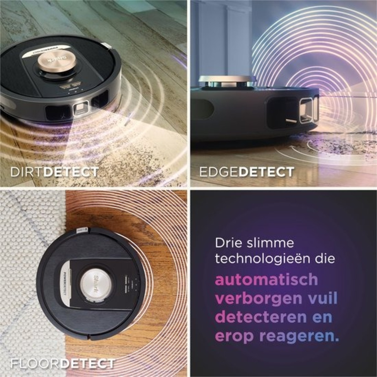 Vier afbeeldingen die een robotstofzuiger laten zien tijdens het schoonmaken.
