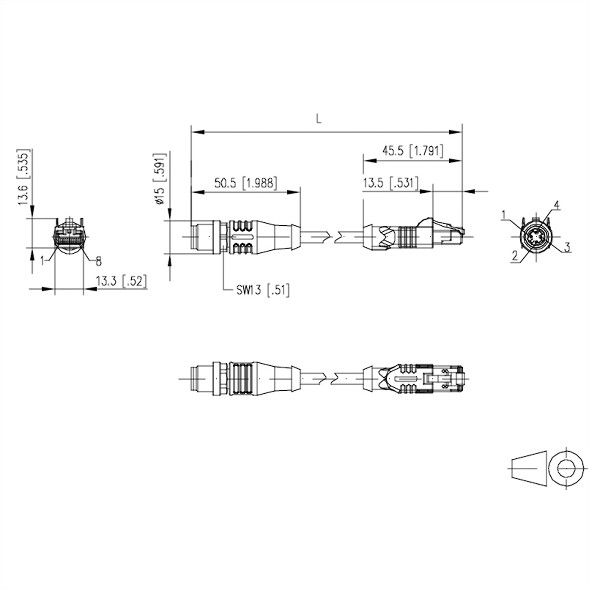 Technische Zeichnung eines Steckverbinders mit Abmessungen und Beschriftungen. Es hat einen Stecker und eine Buchse.